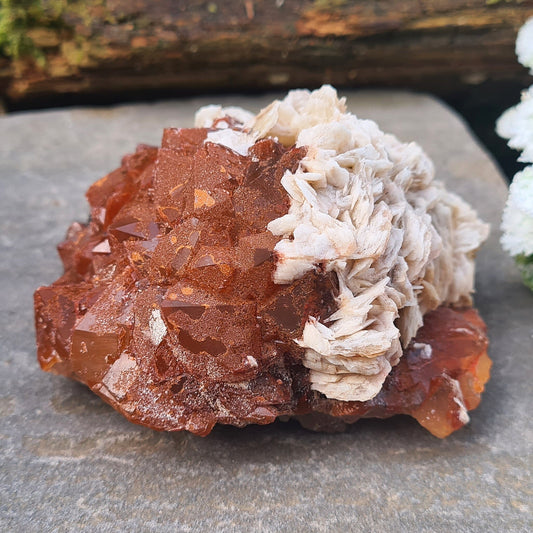Red Quartz with Baryte Cluster. Absolutely stunning combination. The Red Quartz looks like it has been 'sugar coated' and sparkles in the light. Red Quartz is also known as Hematoid Quartz.