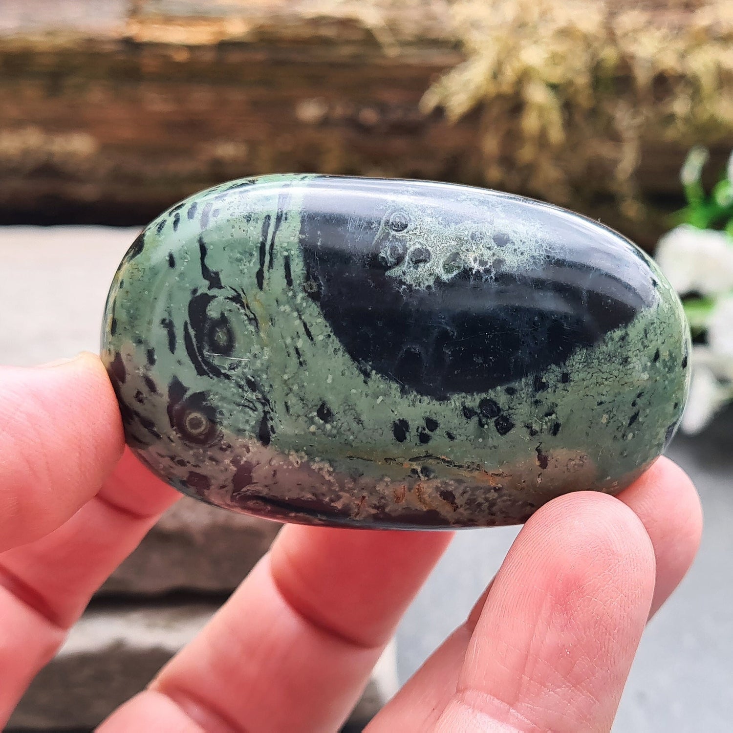 Kambaba Jasper palm stone: Reduce anxiety, heal emotionally, and protect your energy. Perfect for meditation and personal growth.