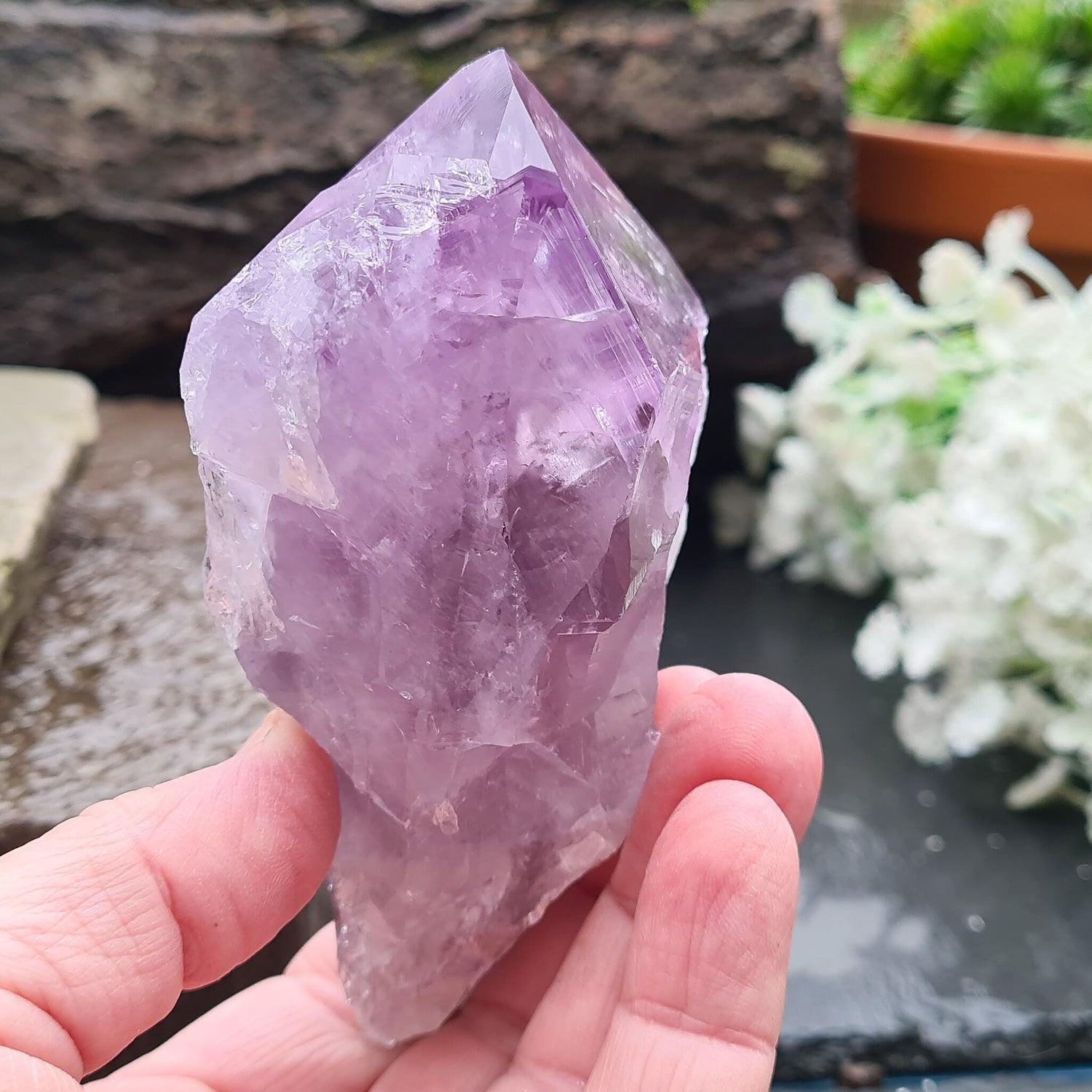 Brazilian Amethyst Crystal Point with dark purple color, polished tip, and natural body, also known as Amethyst Root.