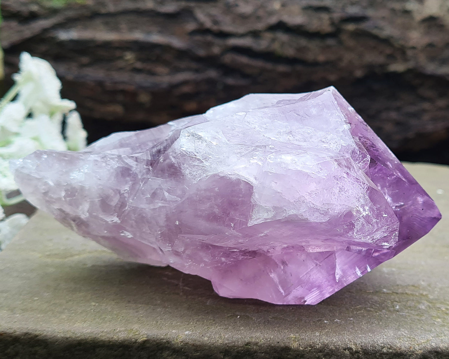 Brazilian Amethyst Crystal Point with dark purple color, polished tip, and natural body, also known as Amethyst Root.