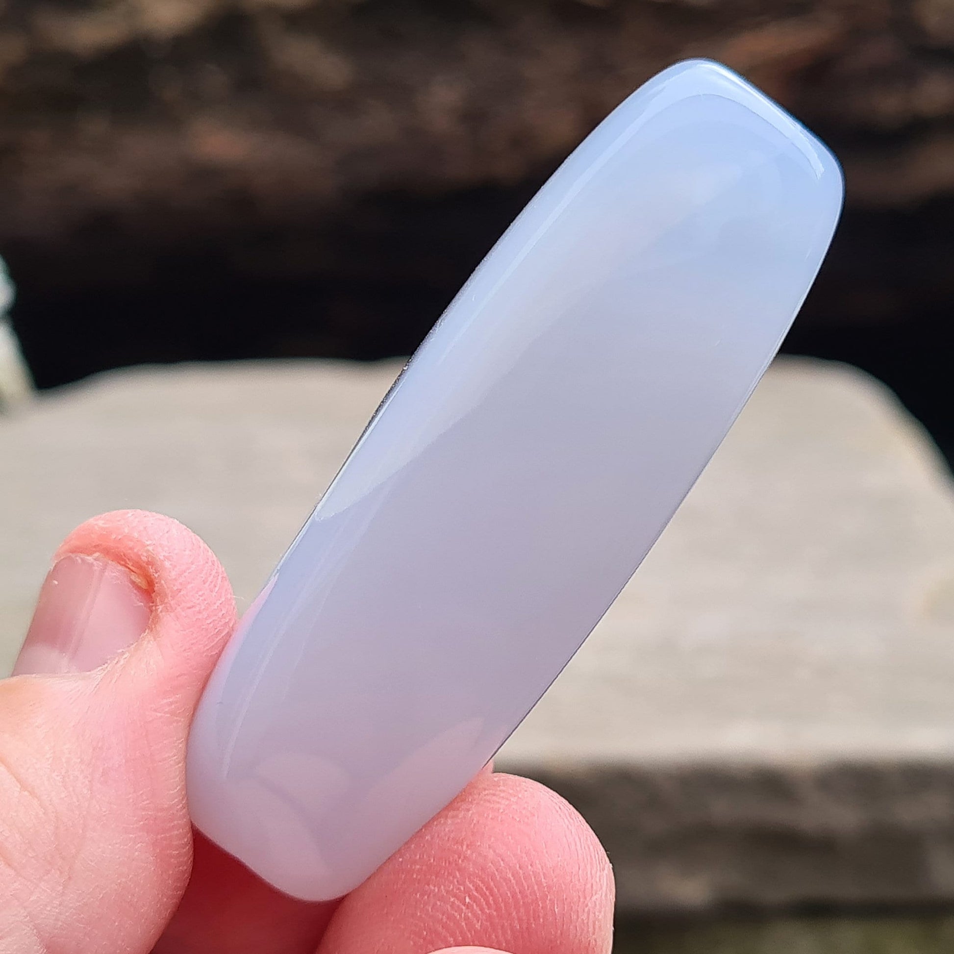 Blue Chalcedony Crystal polished and an Oval Lozenge shape, ideal shape and size to place on or around the body, place in your purse or have set as a piece of jewellery. Great quality. From Mexico.