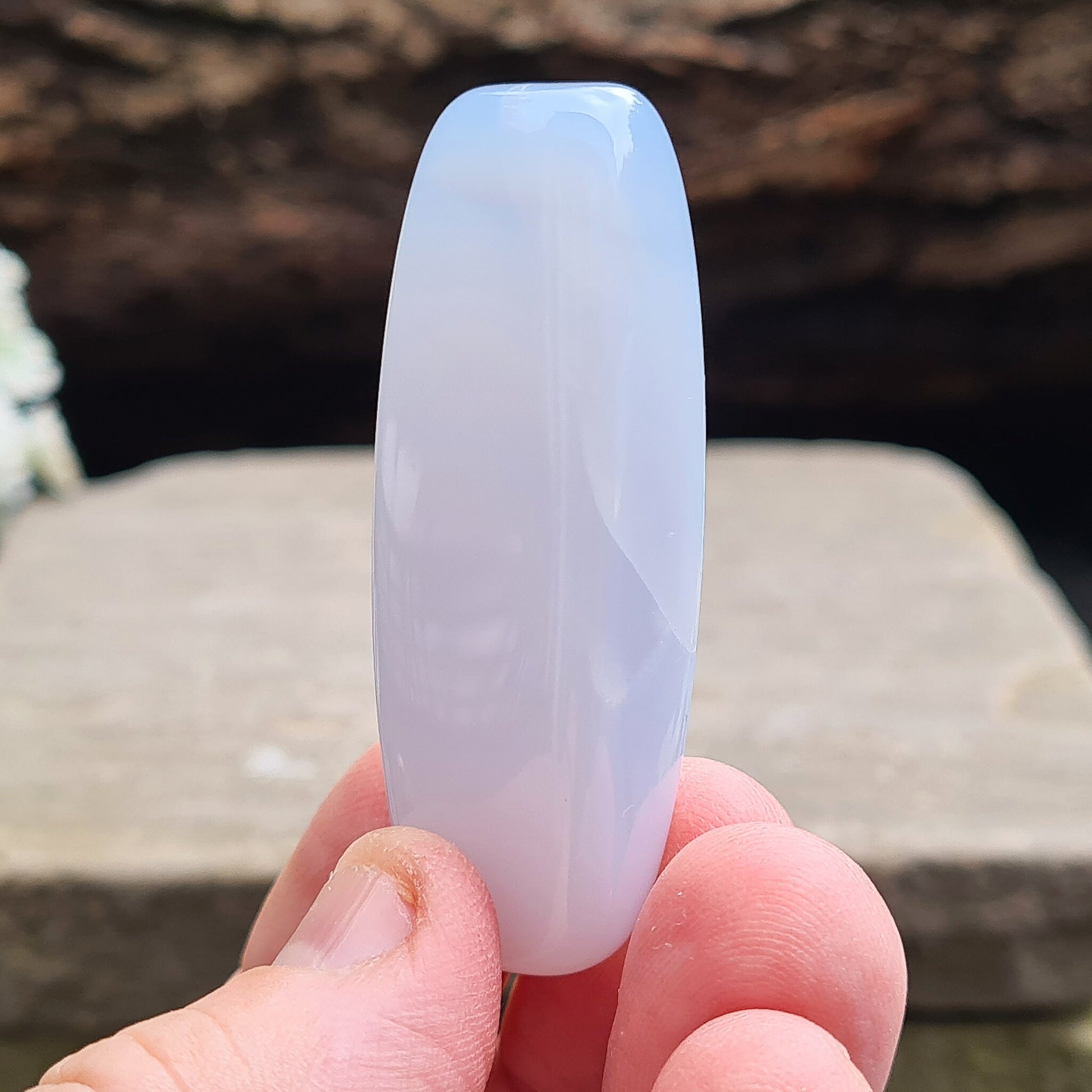 Blue Chalcedony Crystal polished and an Oval Lozenge shape, ideal shape and size to place on or around the body, place in your purse or have set as a piece of jewellery. Great quality. From Mexico.