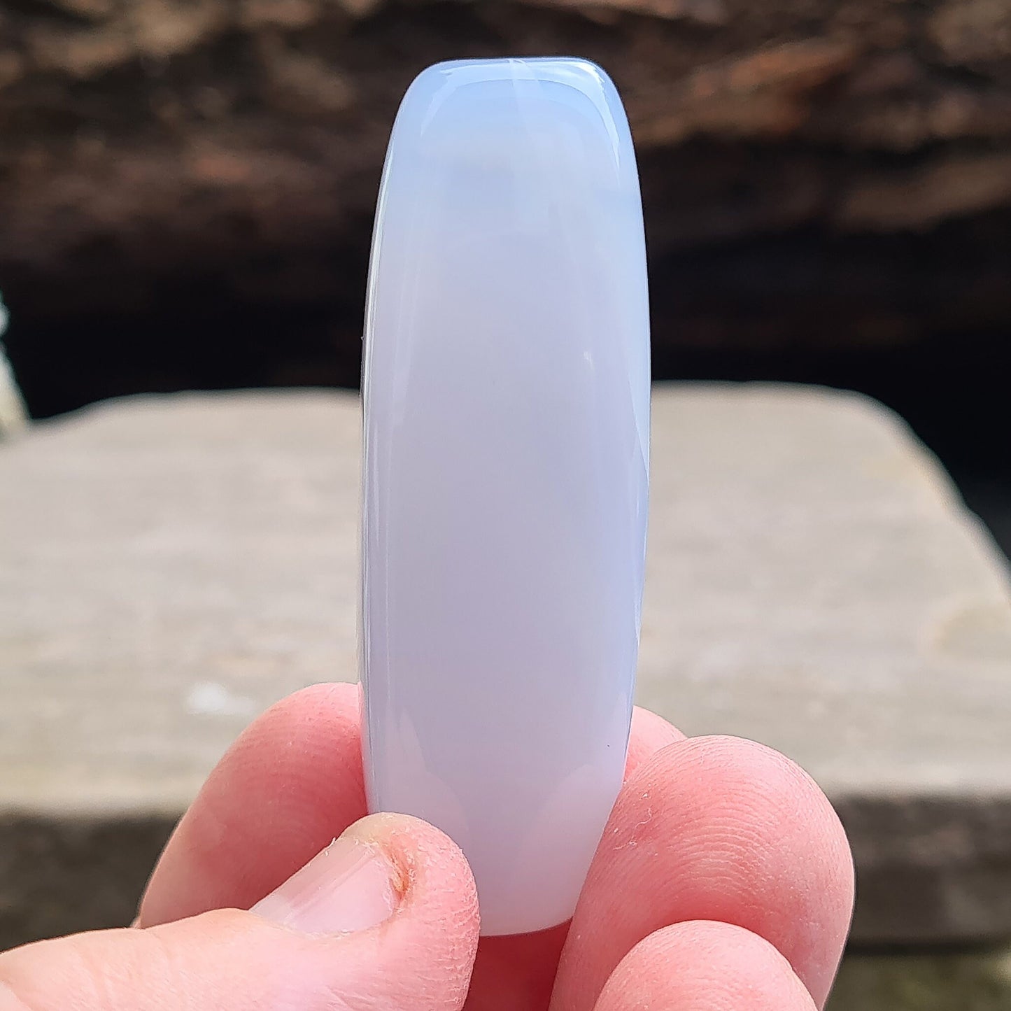 Blue Chalcedony Crystal polished and an Oval Lozenge shape, ideal shape and size to place on or around the body, place in your purse or have set as a piece of jewellery. Great quality. From Mexico.