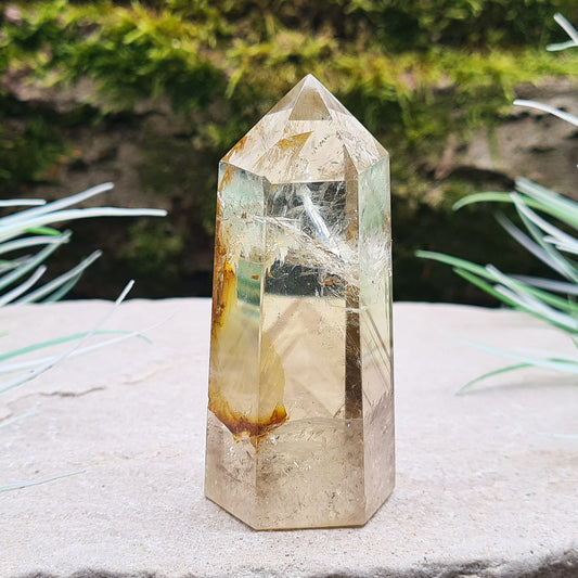 Lemon Quartz Point with Generator Tip. Also known as Ouro Verde Quartz and Green Gold. Fabulous inclusions and smoky phantoms and some naturally occurring iron oxide inclusions.