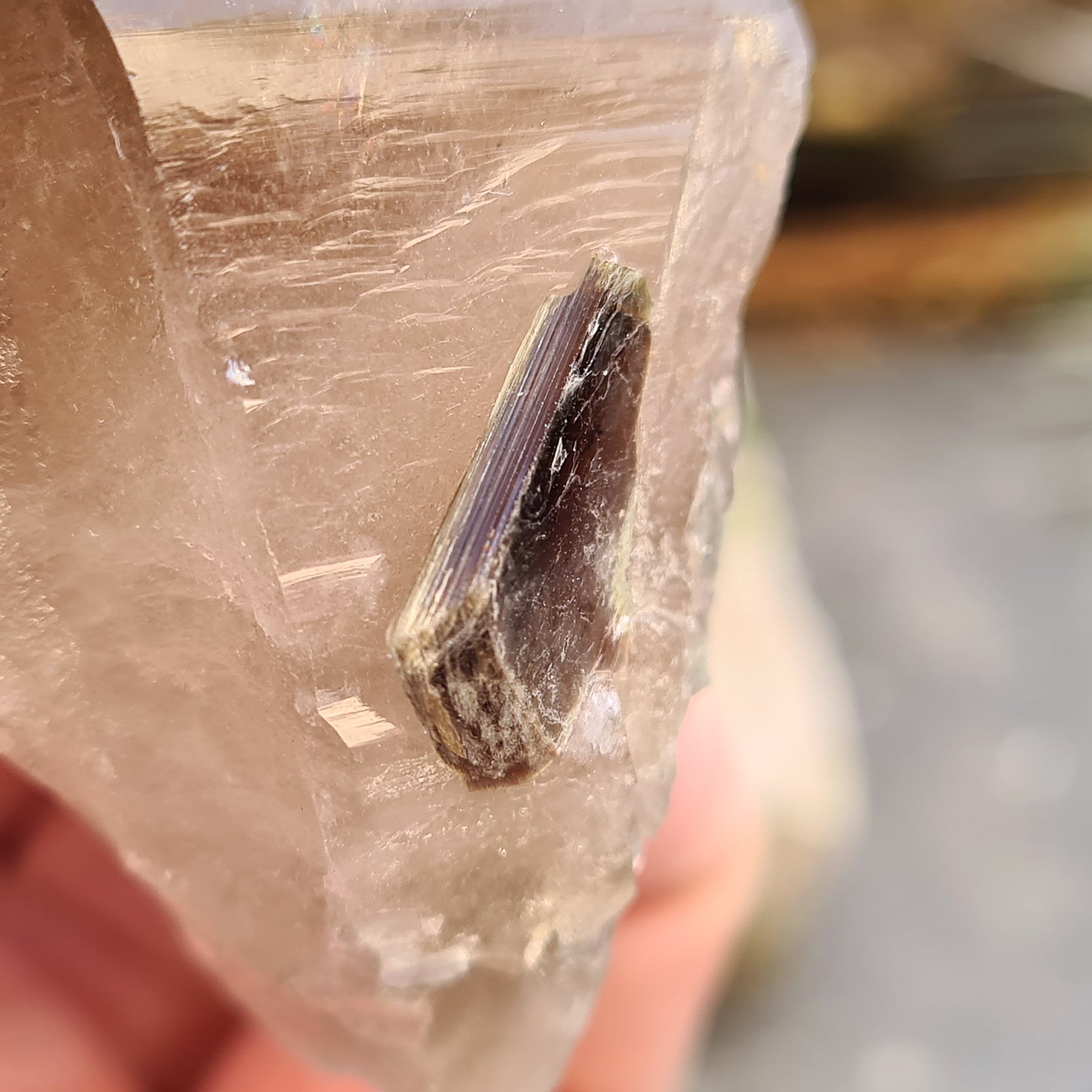 Smoky Quartz Point with Green Mica & Lepidolite from Brazil. A unique grounding crystal supporting balance, protection, emotional renewal, and calm.