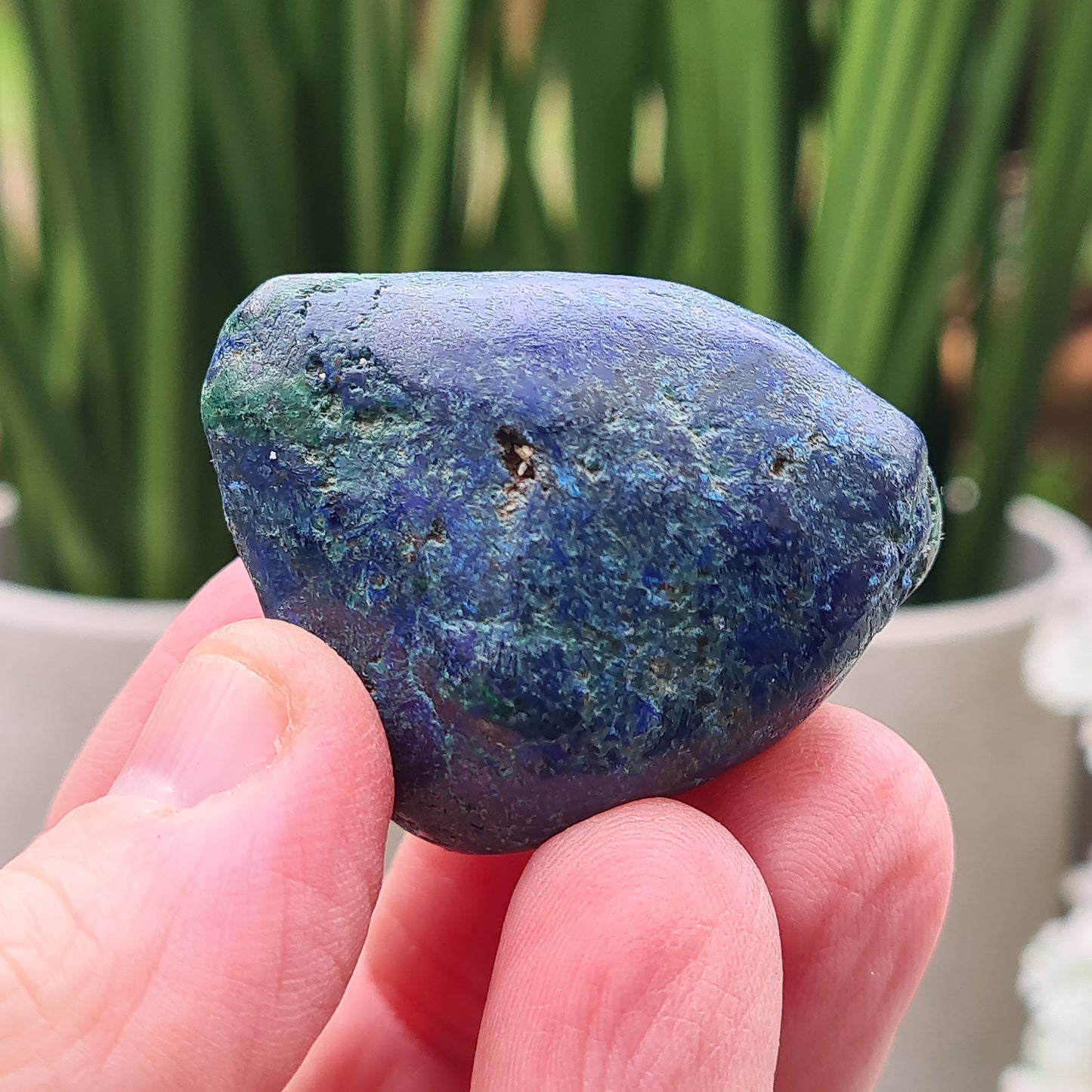 Blue Azurite Crystals from Namibia, Africa. Contains green Malachite. Roughly polished to maintain a more natural feel to them. This azurite-malachite combo is a potent stone for anyone looking for spiritual growth, emotional healing, and protection. They create a powerful synergy of crystal energy.