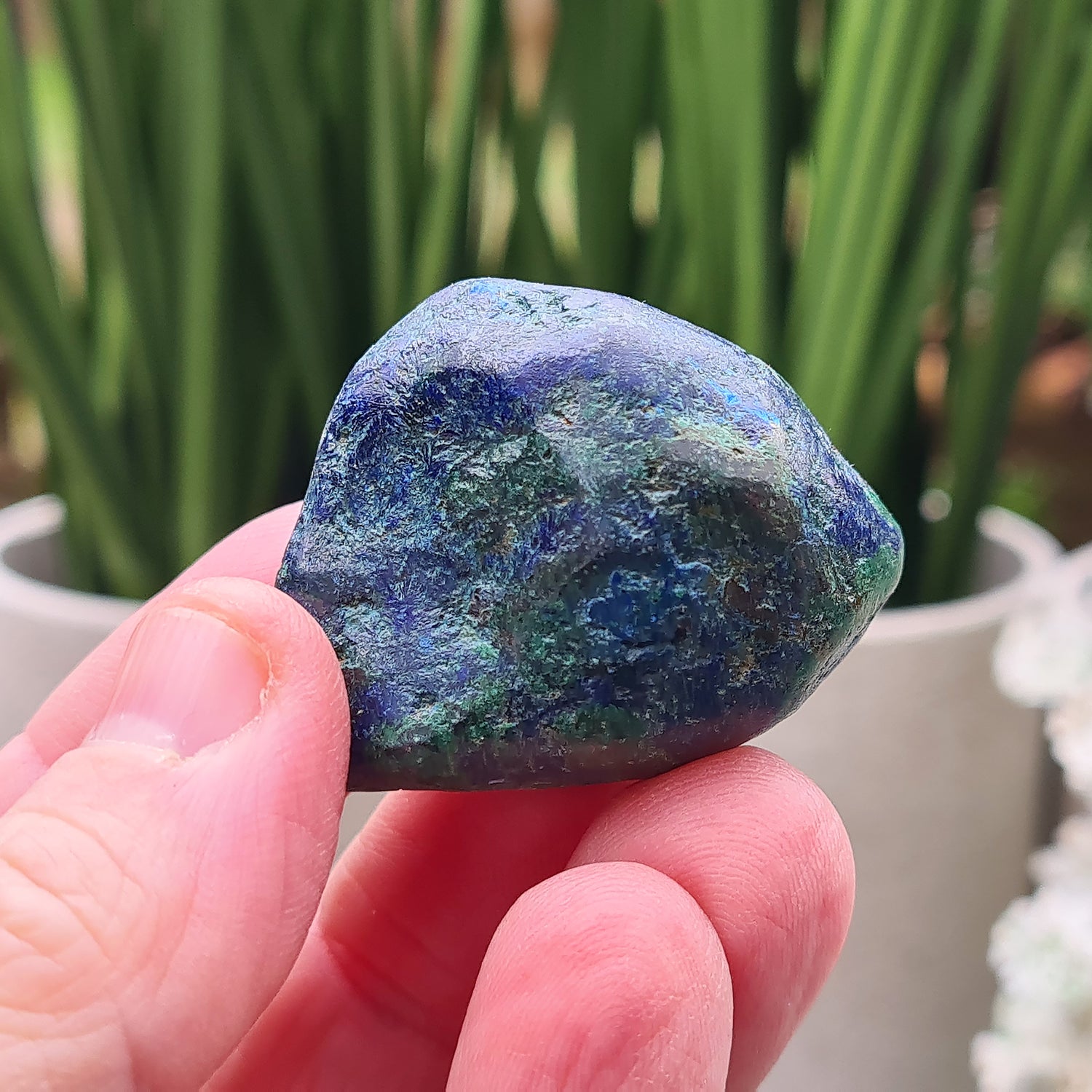 Blue Azurite Crystals from Namibia, Africa. Contains green Malachite. Roughly polished to maintain a more natural feel to them. This azurite-malachite combo is a potent stone for anyone looking for spiritual growth, emotional healing, and protection. They create a powerful synergy of crystal energy.