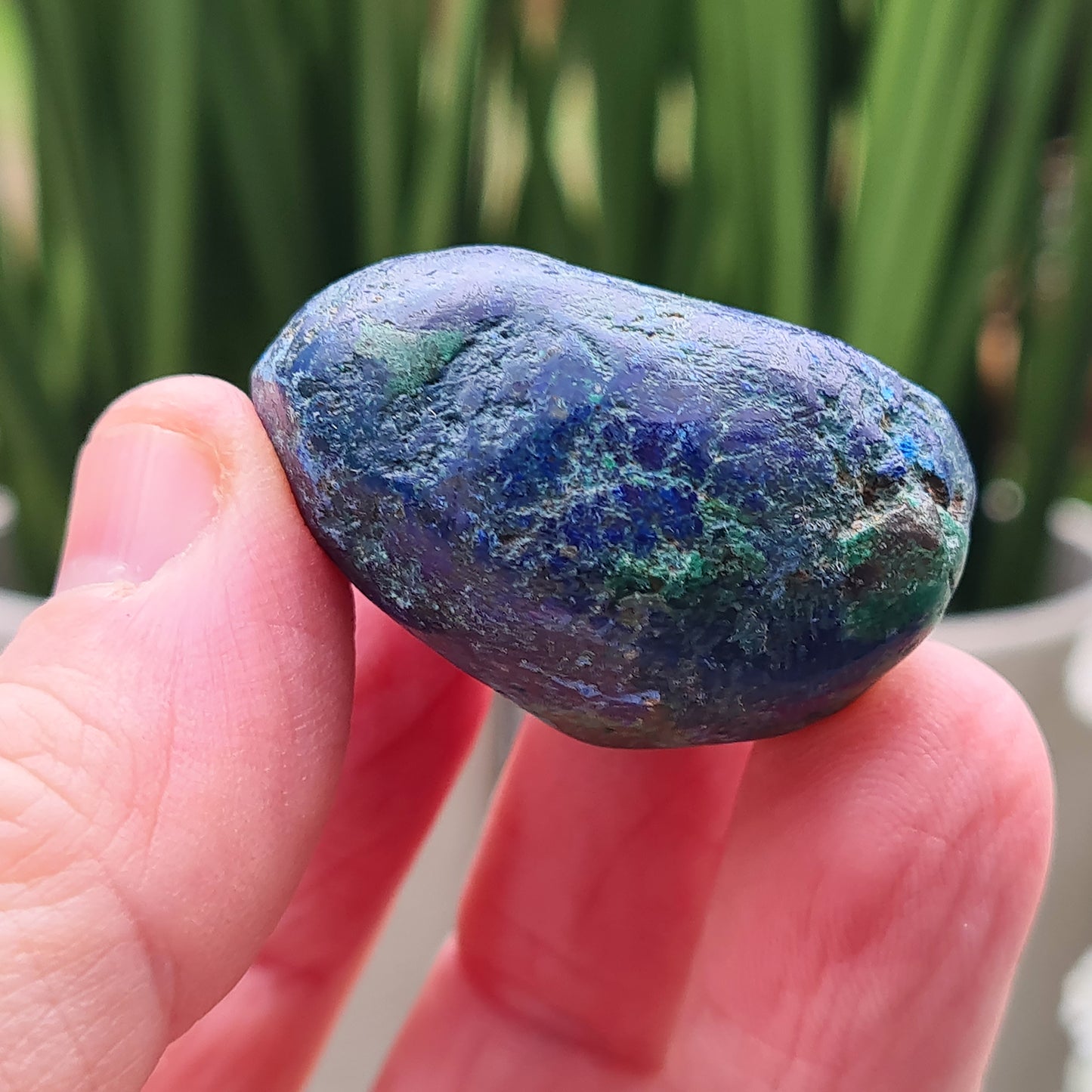 Blue Azurite Crystals from Namibia, Africa. Contains green Malachite. Roughly polished to maintain a more natural feel to them. This azurite-malachite combo is a potent stone for anyone looking for spiritual growth, emotional healing, and protection. They create a powerful synergy of crystal energy.