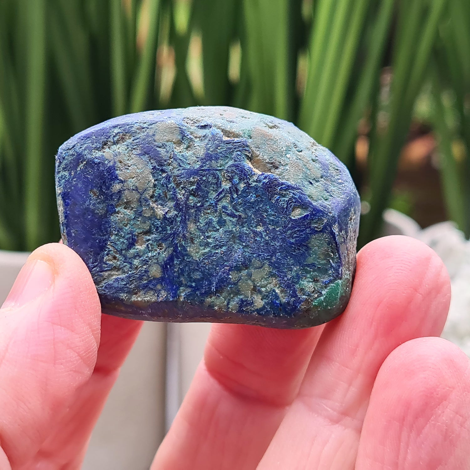 Blue Azurite Crystals from Namibia, Africa. Contains green Malachite. Roughly polished to maintain a more natural feel to them. This azurite-malachite combo is a potent stone for anyone looking for spiritual growth, emotional healing, and protection. They create a powerful synergy of crystal energy.