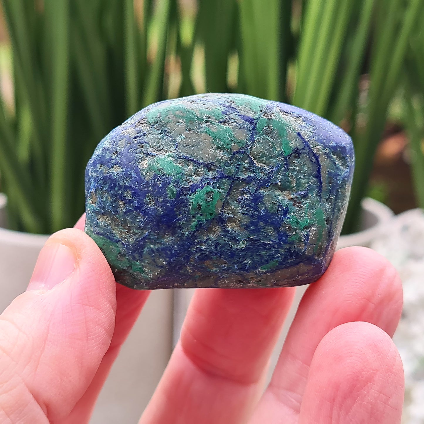 Blue Azurite Crystals from Namibia, Africa. Contains green Malachite. Roughly polished to maintain a more natural feel to them. This azurite-malachite combo is a potent stone for anyone looking for spiritual growth, emotional healing, and protection. They create a powerful synergy of crystal energy.