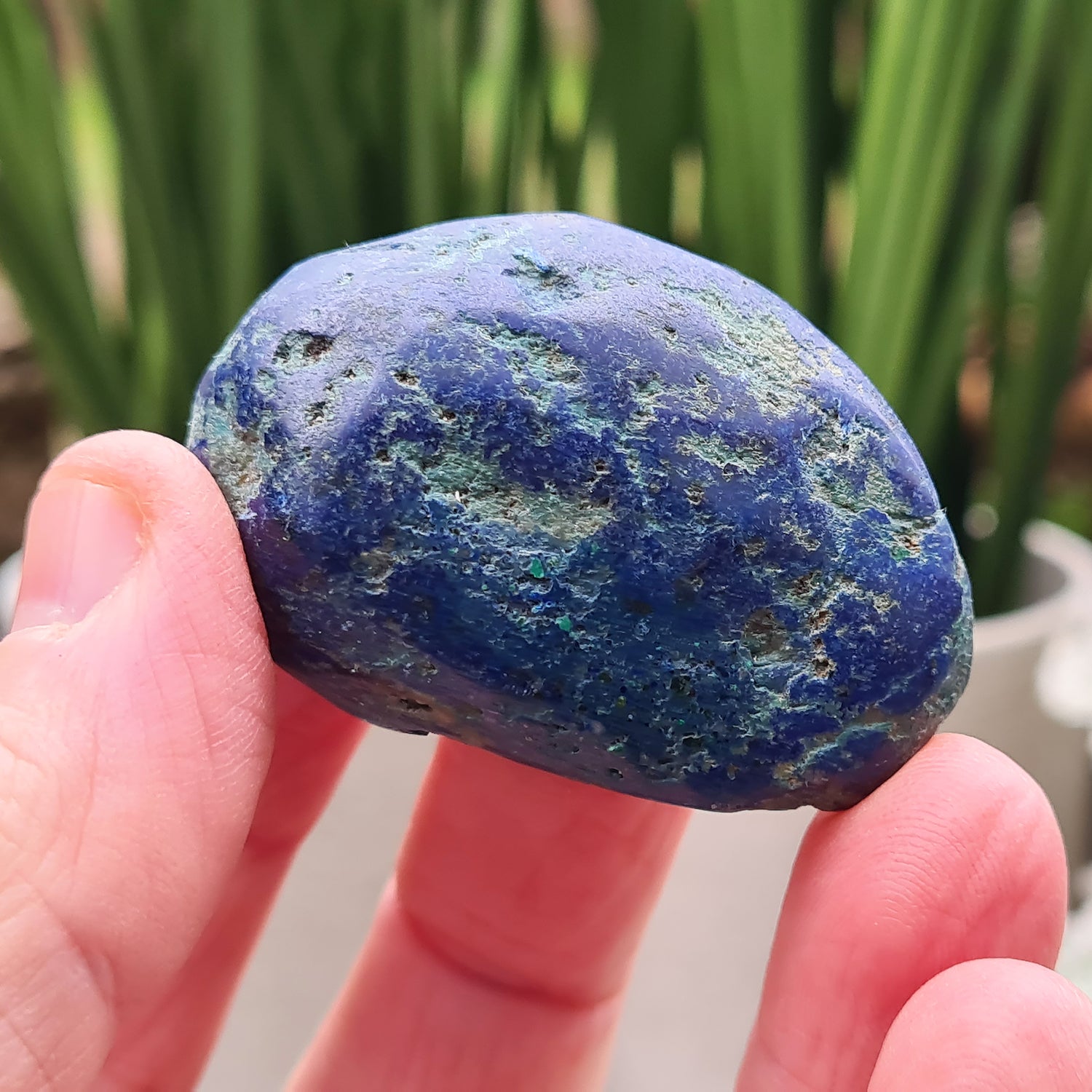 Blue Azurite Crystals from Namibia, Africa. Contains green Malachite. Roughly polished to maintain a more natural feel to them. This azurite-malachite combo is a potent stone for anyone looking for spiritual growth, emotional healing, and protection. They create a powerful synergy of crystal energy.