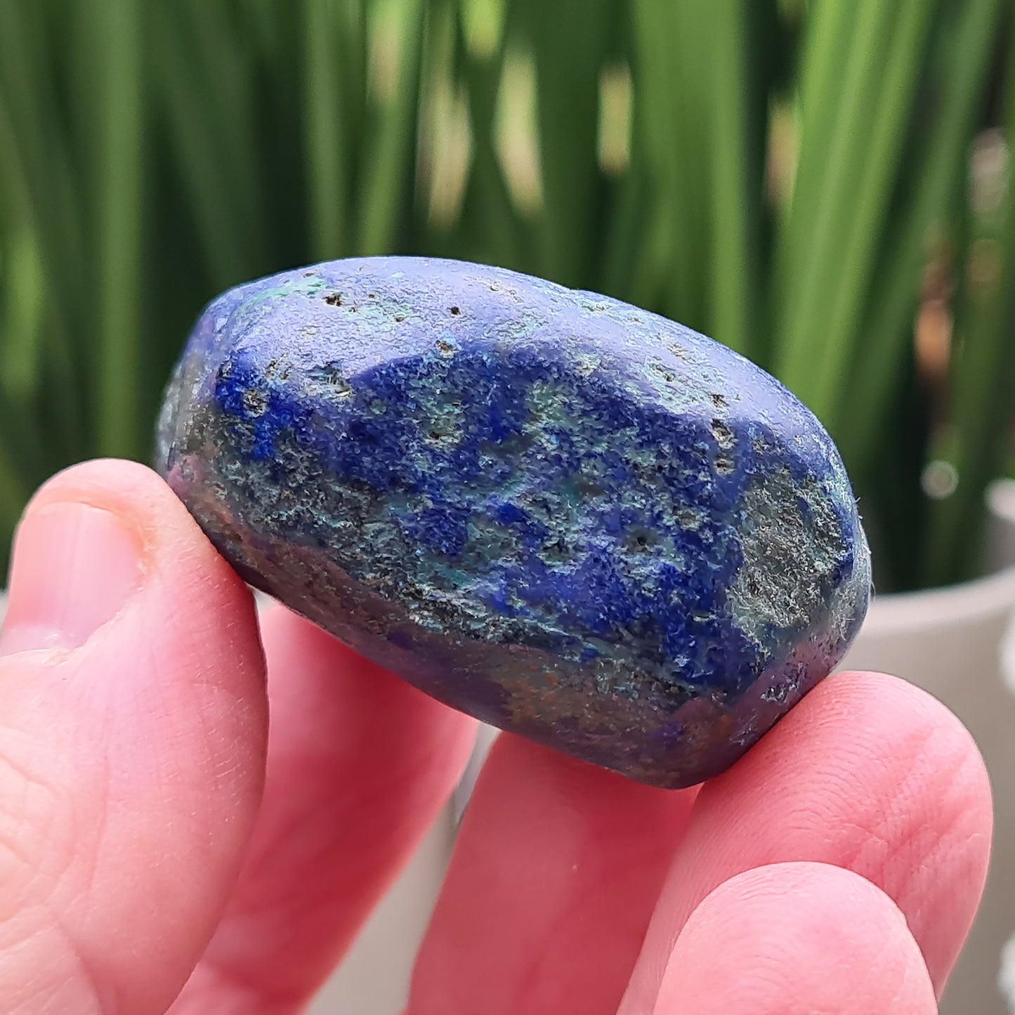 Blue Azurite Crystals from Namibia, Africa. Contains green Malachite. Roughly polished to maintain a more natural feel to them. This azurite-malachite combo is a potent stone for anyone looking for spiritual growth, emotional healing, and protection. They create a powerful synergy of crystal energy.