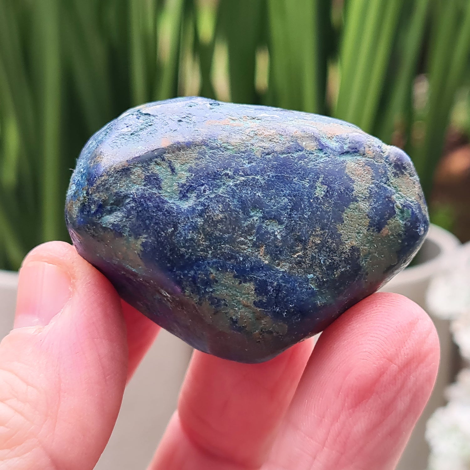 Blue Azurite Crystals from Namibia, Africa. Contains green Malachite. Roughly polished to maintain a more natural feel to them. This azurite-malachite combo is a potent stone for anyone looking for spiritual growth, emotional healing, and protection. They create a powerful synergy of crystal energy.