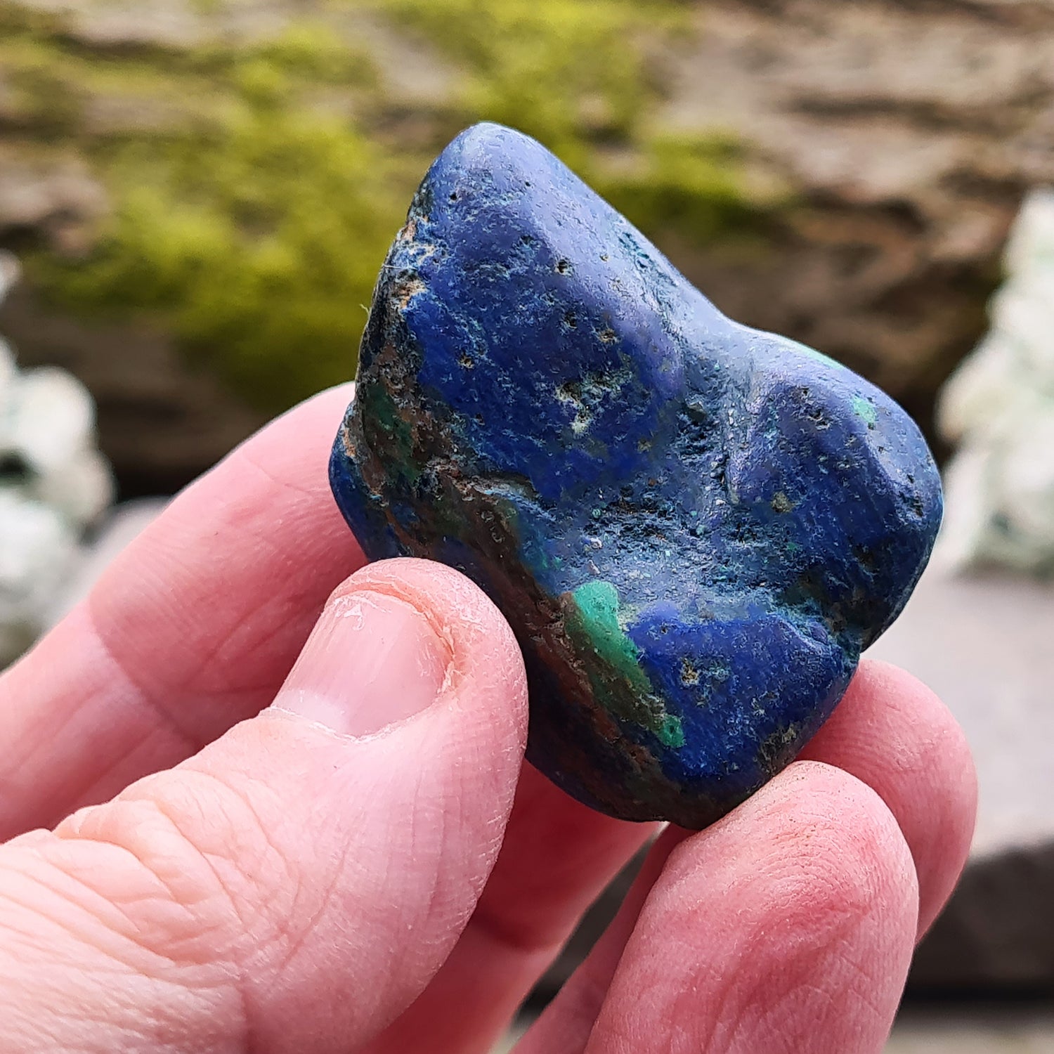 Blue Azurite Crystals from Namibia, Africa. Contains green Malachite. Roughly polished to maintain a more natural feel to them. This azurite-malachite combo is a potent stone for anyone looking for spiritual growth, emotional healing, and protection. They create a powerful synergy of crystal energy.