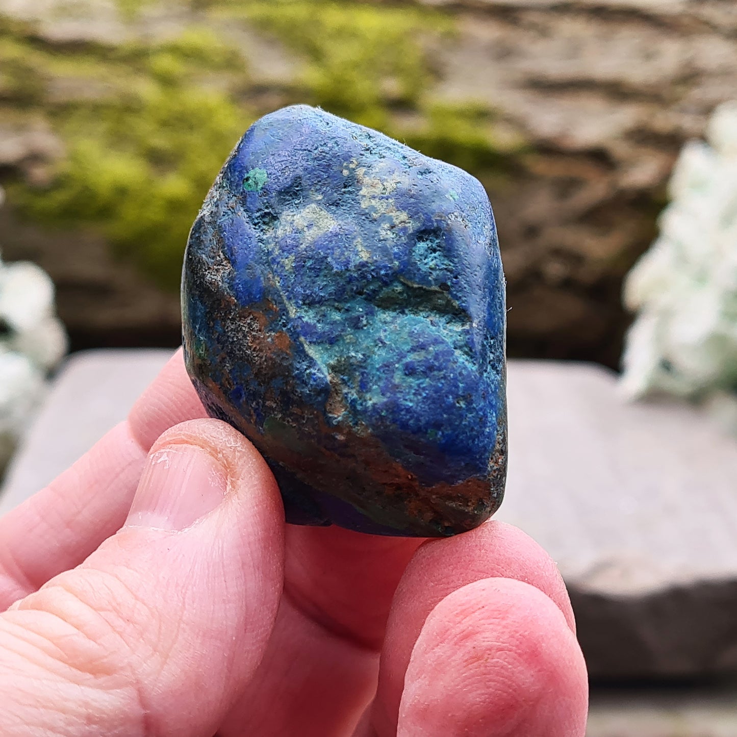 Blue Azurite Crystals from Namibia, Africa. Contains green Malachite. Roughly polished to maintain a more natural feel to them.