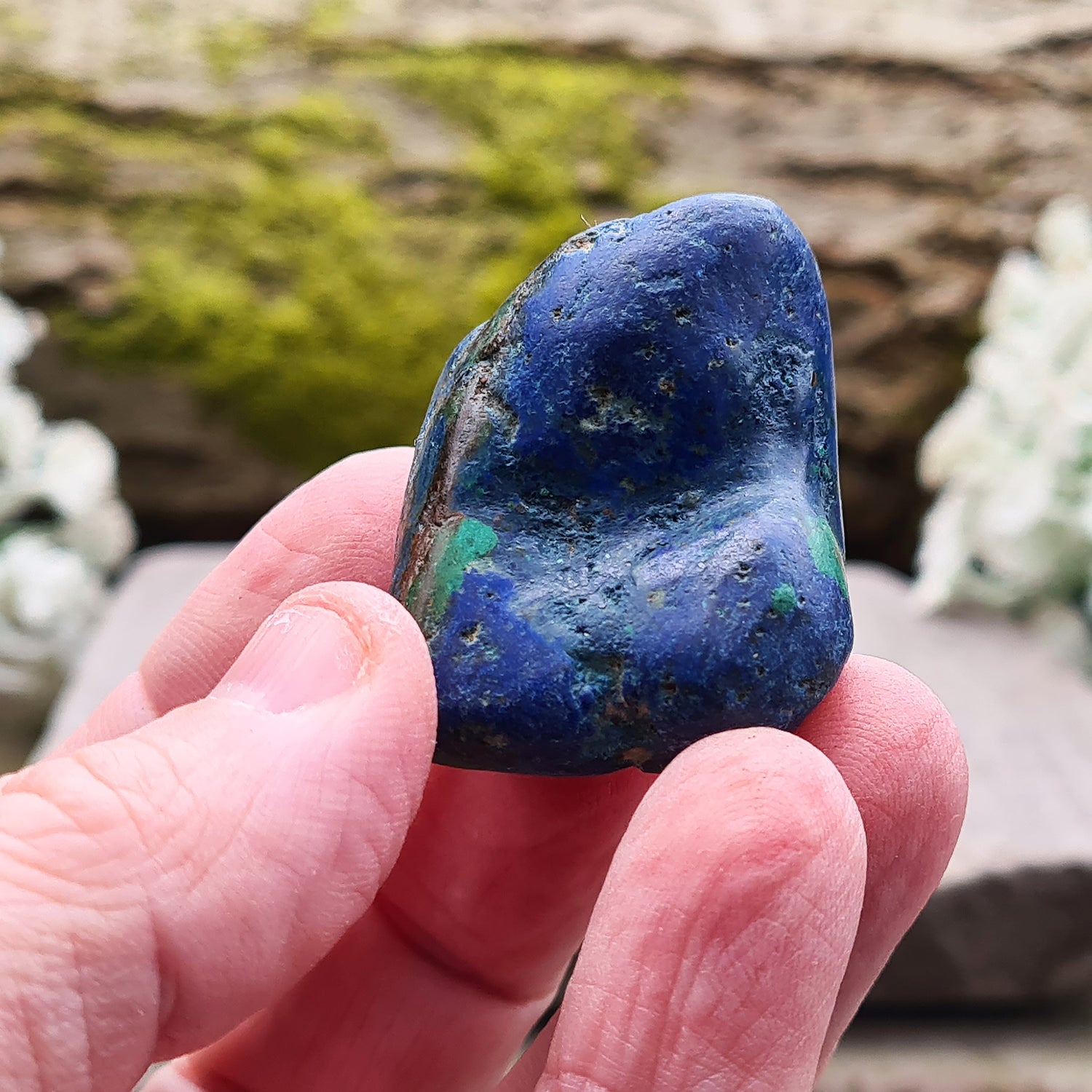 Blue Azurite Crystals from Namibia, Africa. Contains green Malachite. Roughly polished to maintain a more natural feel to them.