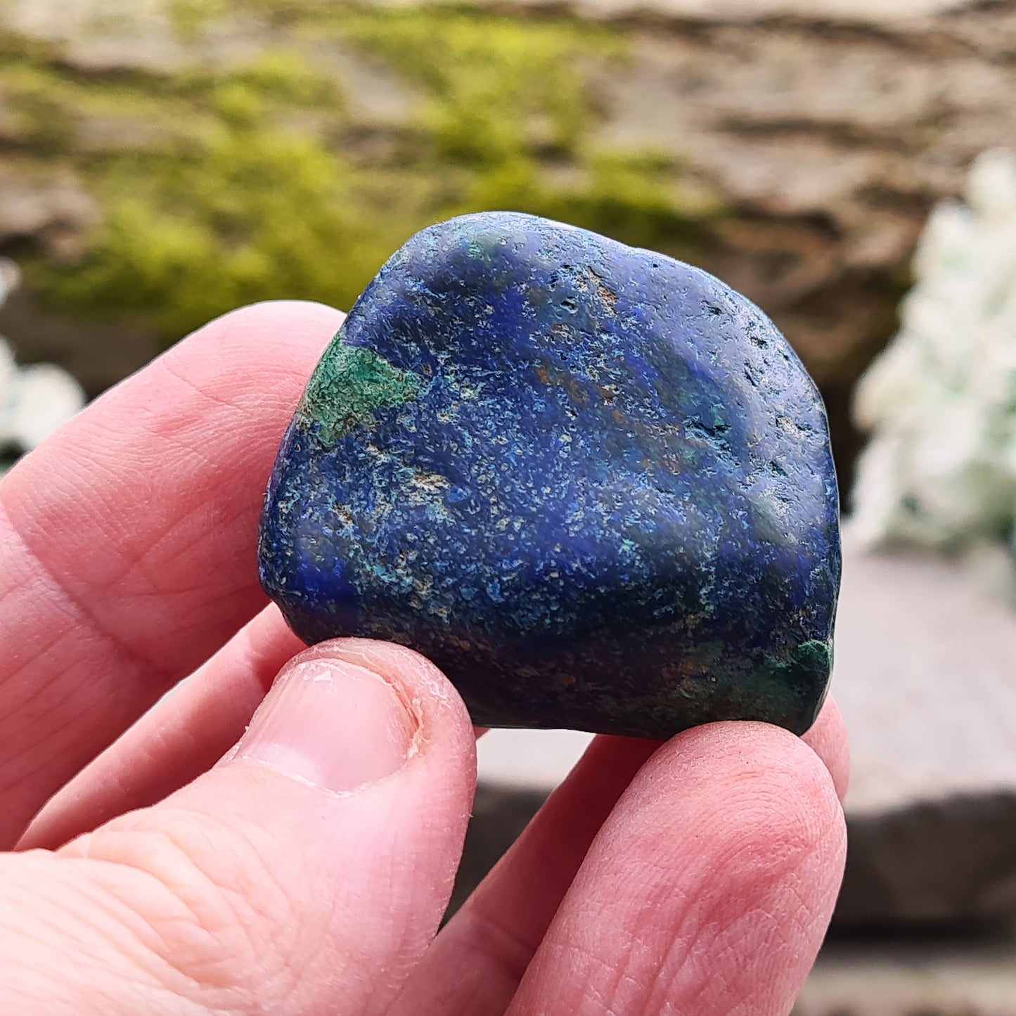 Blue Azurite Crystals from Namibia, Africa. Contains green Malachite. Roughly polished to maintain a more natural feel to them. This azurite-malachite combo is a potent stone for anyone looking for spiritual growth, emotional healing, and protection. They create a powerful synergy of crystal energy.