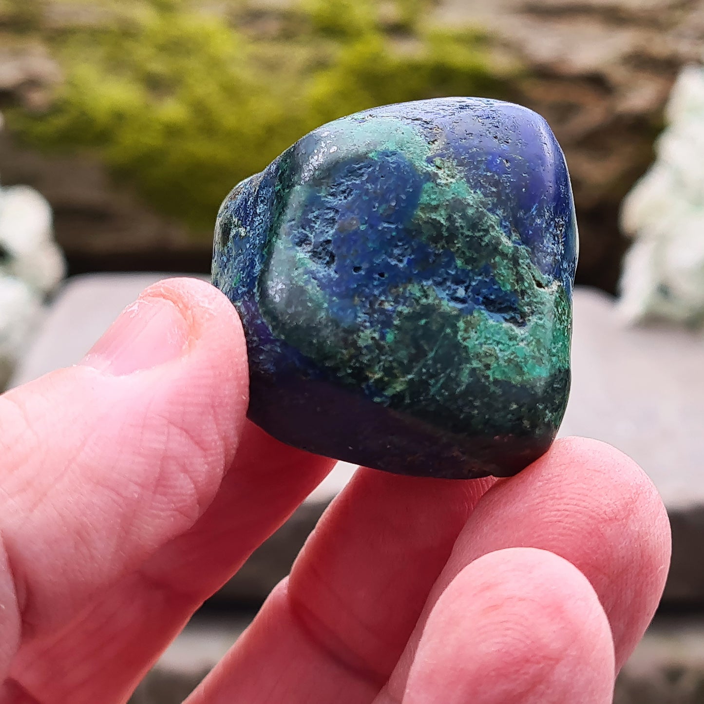 Blue Azurite Crystals from Namibia, Africa. Contains green Malachite. Roughly polished to maintain a more natural feel to them. This azurite-malachite combo is a potent stone for anyone looking for spiritual growth, emotional healing, and protection. They create a powerful synergy of crystal energy.