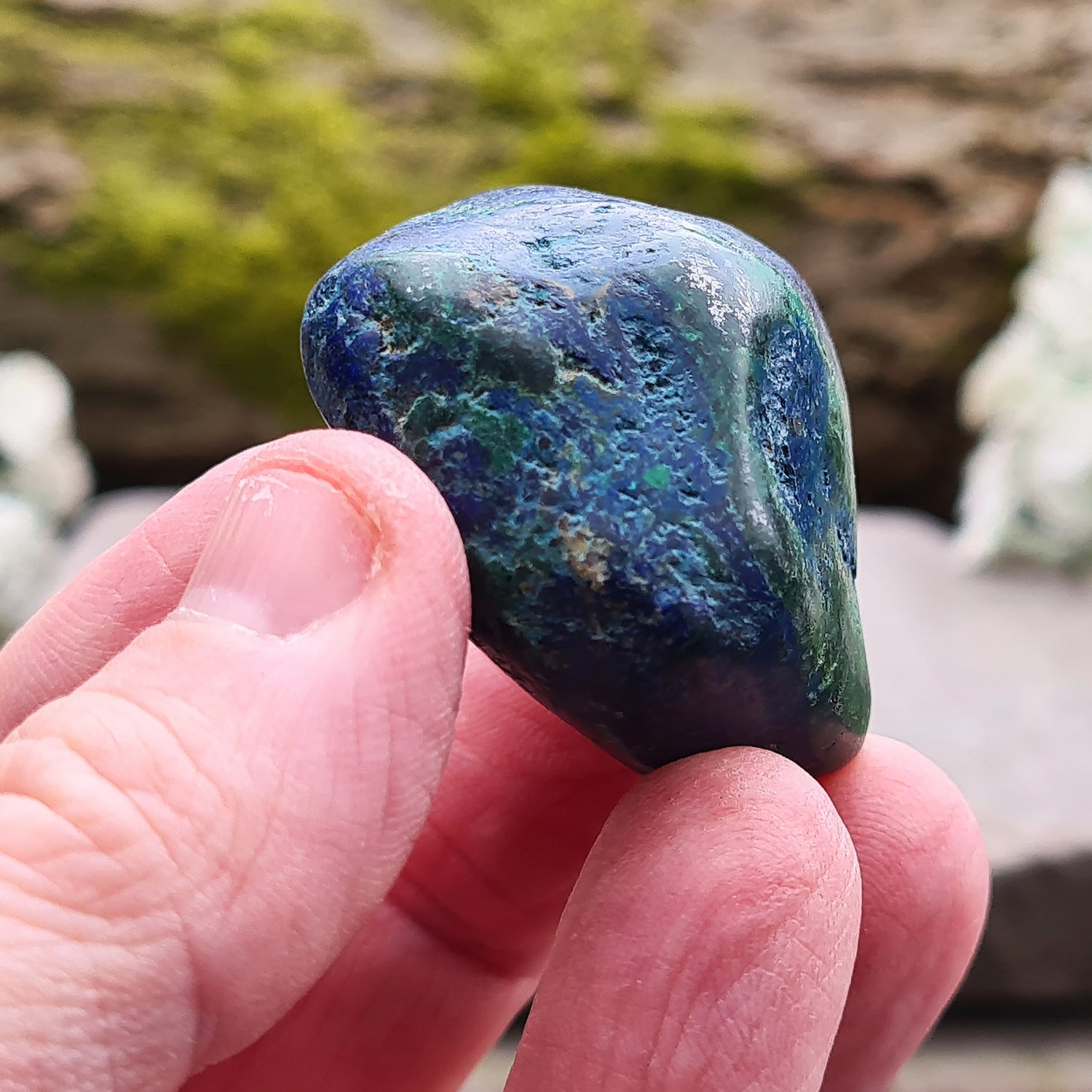 Blue Azurite Crystals from Namibia, Africa. Contains green Malachite. Roughly polished to maintain a more natural feel to them. This azurite-malachite combo is a potent stone for anyone looking for spiritual growth, emotional healing, and protection. They create a powerful synergy of crystal energy.