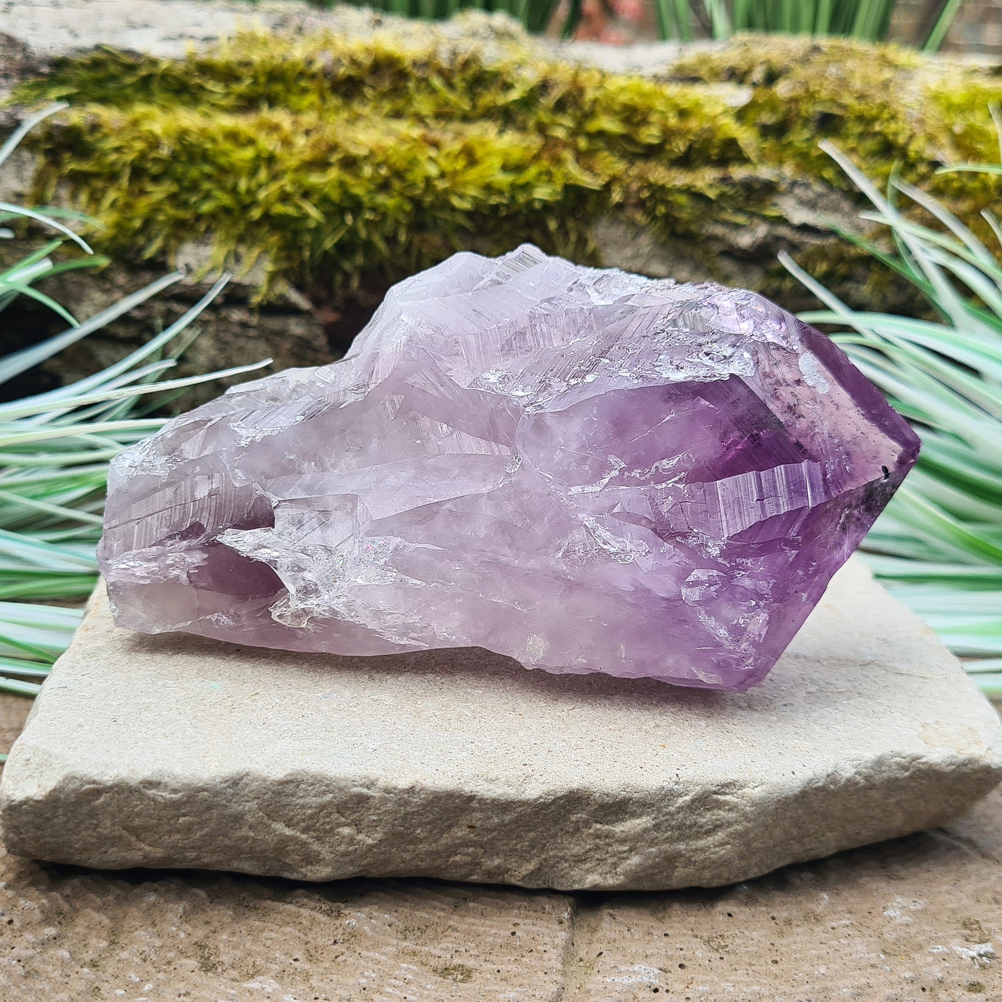 Amethyst Crystal Point from Brazil. A striking piece with deep purple colouring and a polished point. Also known as Amethyst Root.

Measuring 12 cm in length, 6.5 cm in width, and 4 cm in depth, this crystal weighs about 325 grams.