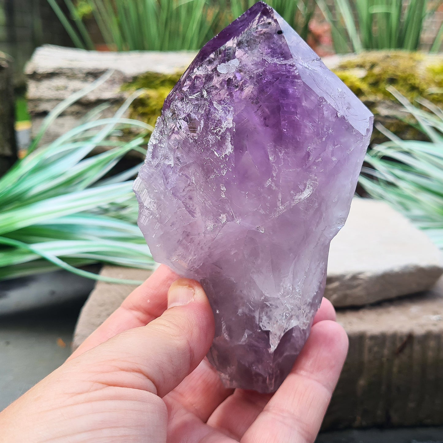 Amethyst Crystal Point from Brazil. A striking piece with deep purple colouring and a polished point. Also known as Amethyst Root.

Measuring 12 cm in length, 6.5 cm in width, and 4 cm in depth, this crystal weighs about 325 grams.