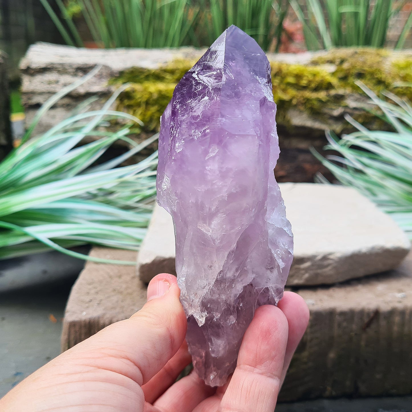 Amethyst Crystal Point from Brazil. A striking piece with deep purple colouring and a polished point. Also known as Amethyst Root.

Measuring 12 cm in length, 6.5 cm in width, and 4 cm in depth, this crystal weighs about 325 grams.