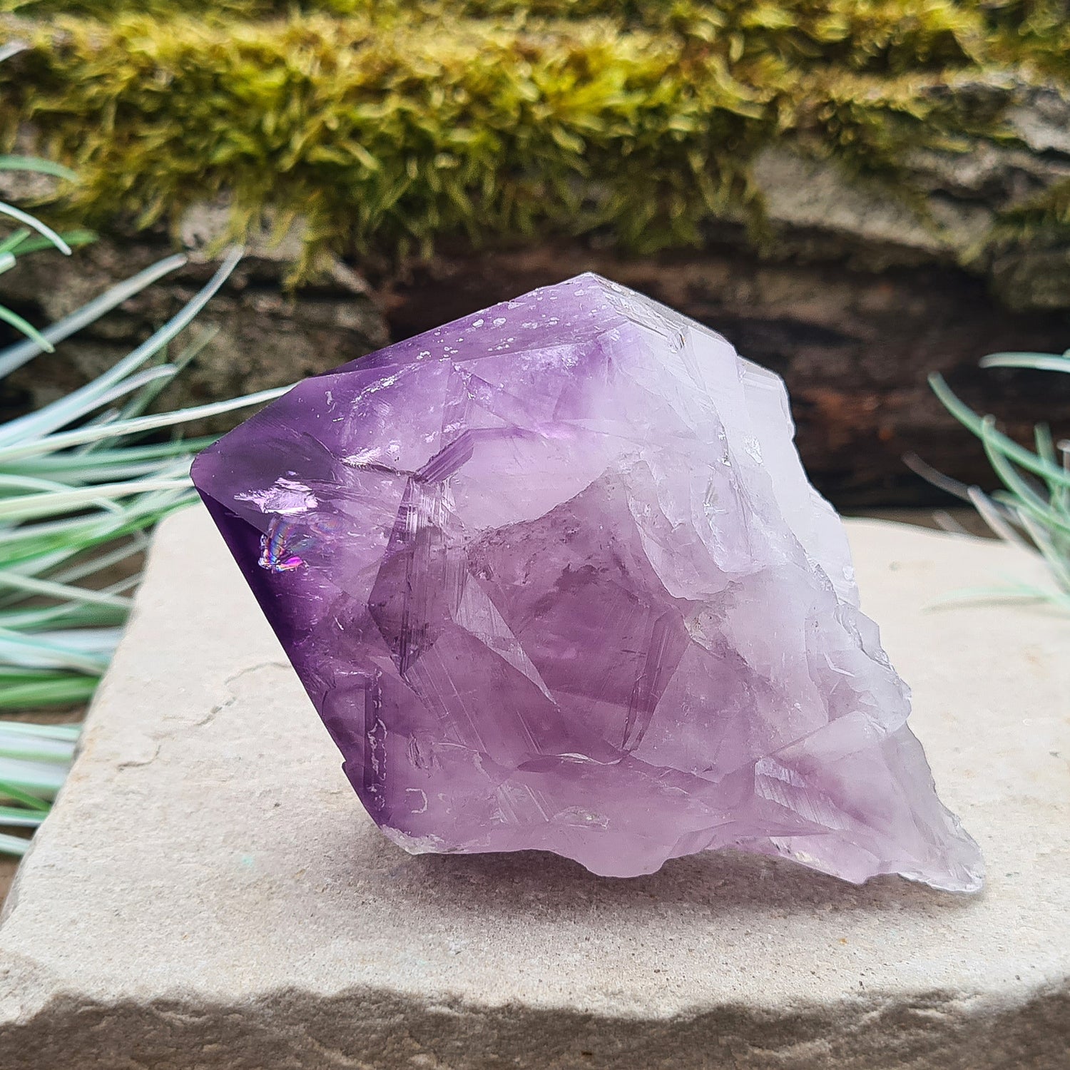 Natural Amethyst Point from Brazil. Has a rainbow in the tip. Fabulous large piece of Amethyst with lovely dark purple colouring, polished point and the rest of the crystal is natural. Also known as an Amethyst Root.