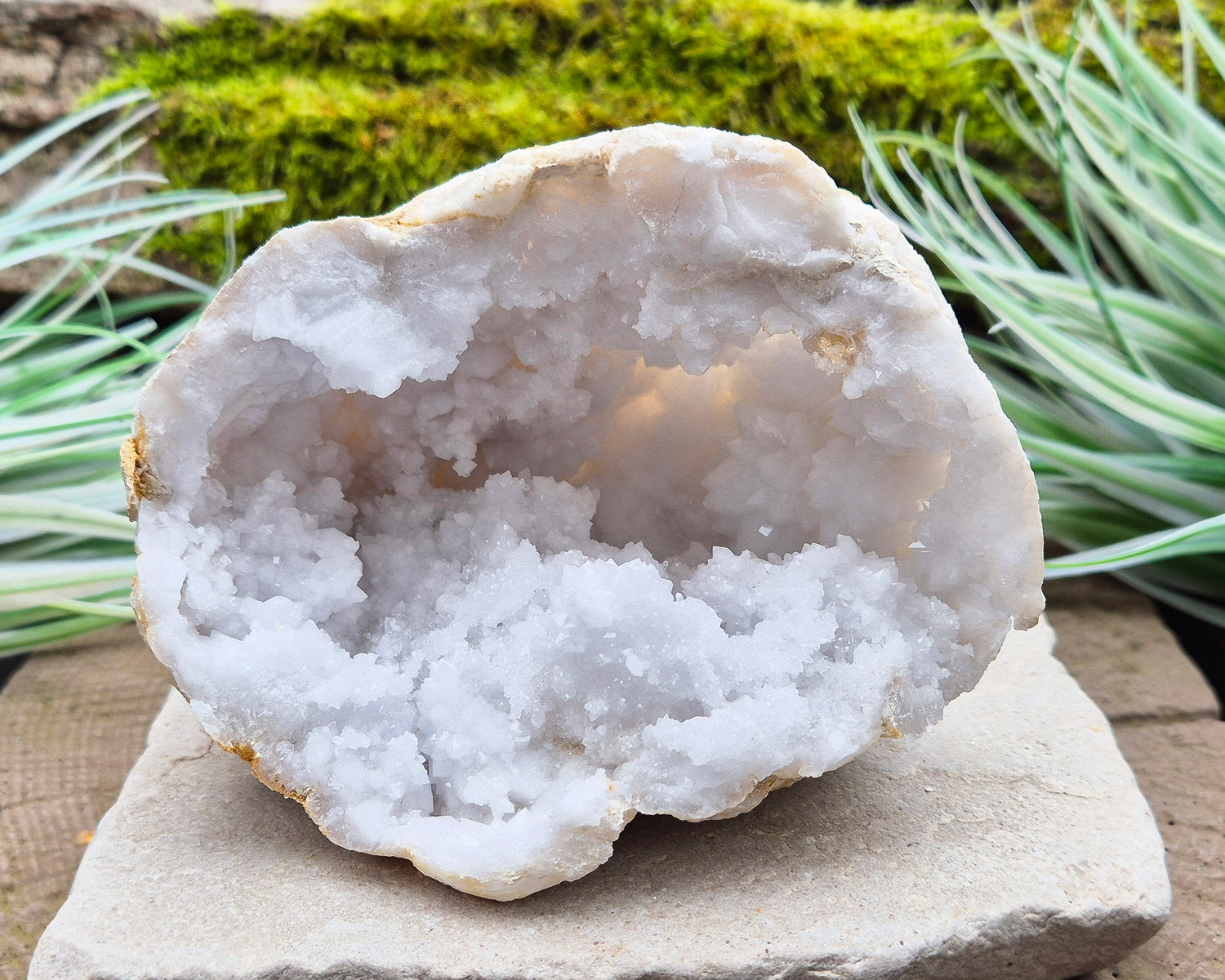 White Quartz Crystal Geode Half, from Morocco. Lovely sparkling white quartz crystal formations. It can sit on its own on an even surface.

Weight - 547 gm, Length - 11 cm, Width - 8 cm at widest, height - 9 cm