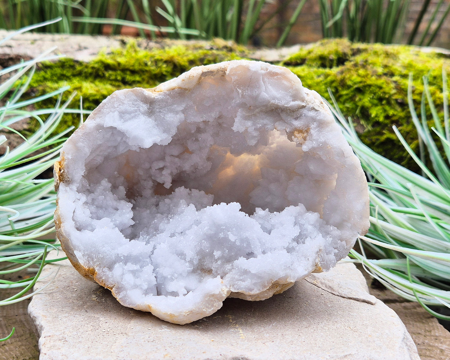 White Quartz Crystal Geode Half, from Morocco. Lovely sparkling white quartz crystal formations. It can sit on its own on an even surface.

Weight - 547 gm, Length - 11 cm, Width - 8 cm at widest, height - 9 cm