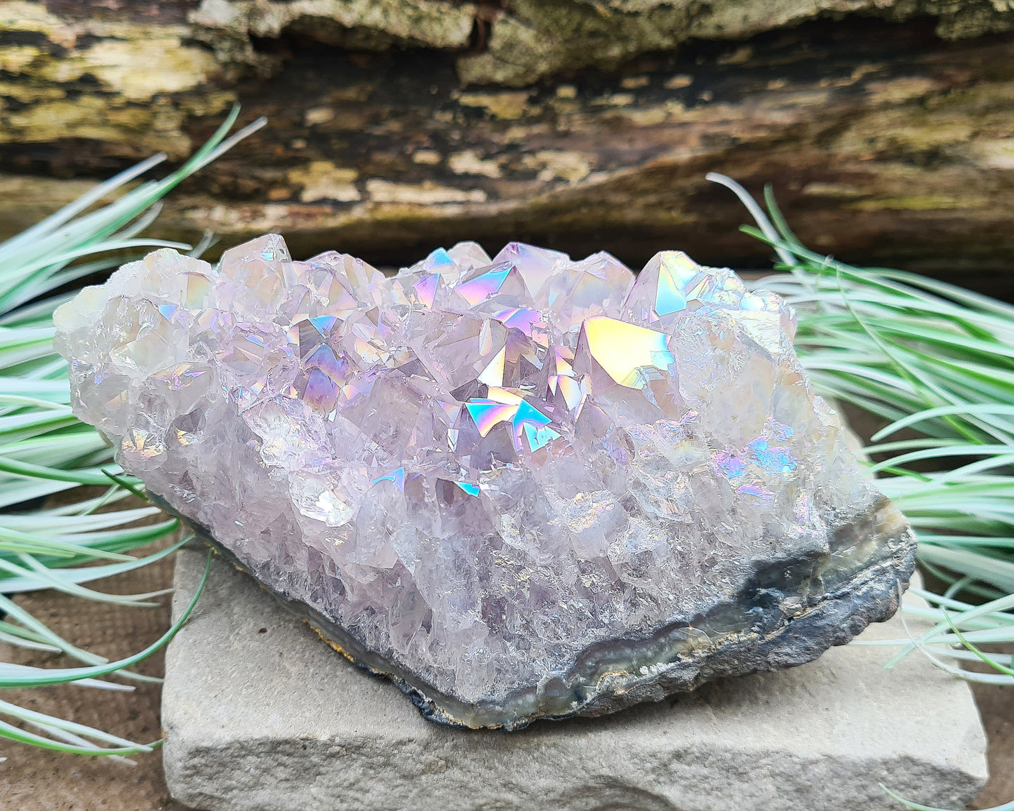 Aura Amethyst Crystal Cluster from Brazil, featuring a vibrant 'rainbow' effect created by bonding amethyst with gold and iridium. The crystals display fabulous bright colors that shift and shine when moved in the light.