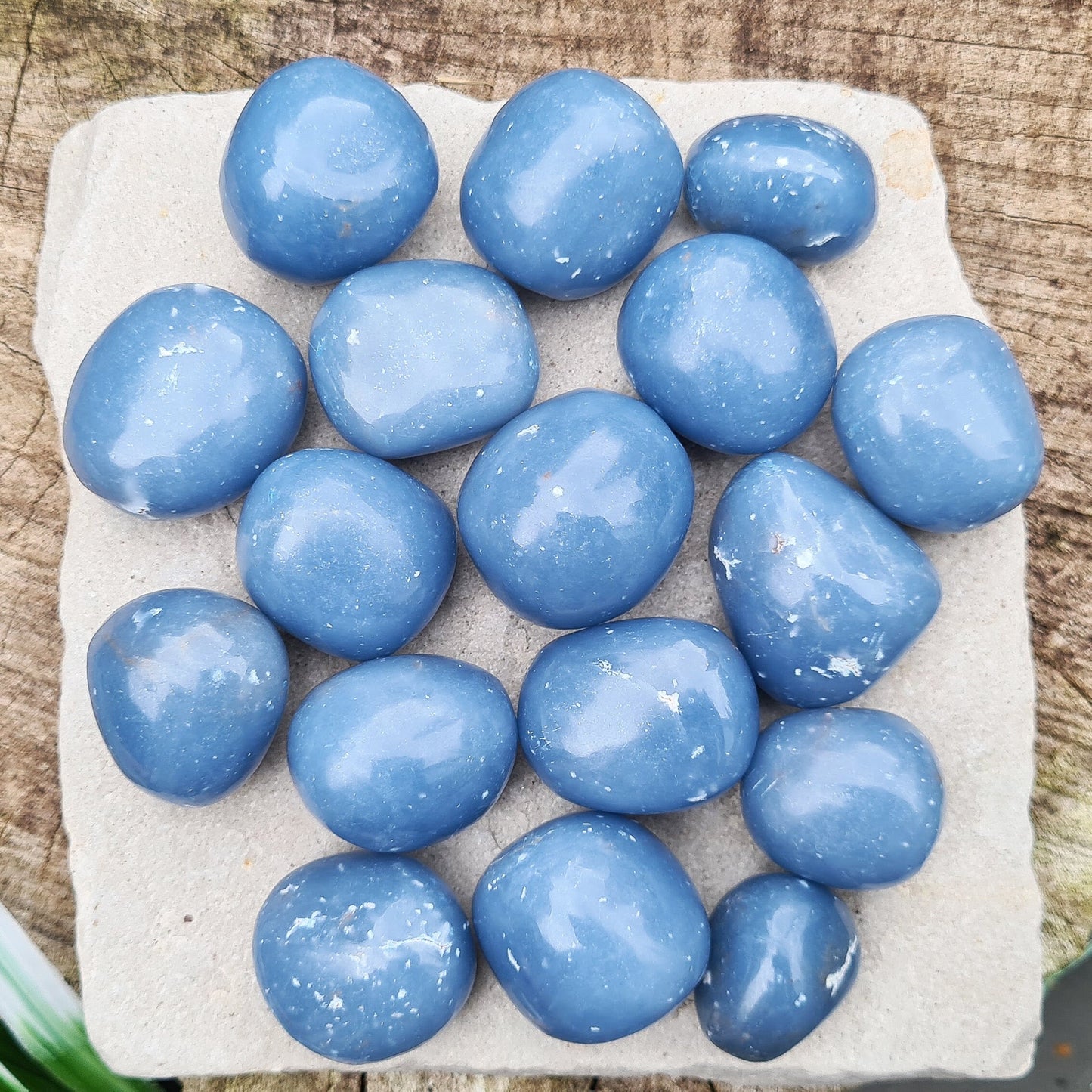 Angelite Crystal Tumble Stones, also known as Angeline or Anhydrite. Angelite is formed from Celestite compressed over millions of years, featuring naturally occurring white flecks of Calcite or Gypsum. Sourced from Peru.