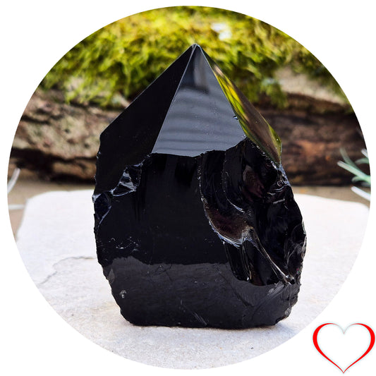 Black Obsidian Crystal Standing Point. Lovely quality standing point, the top has been polished, sides are left natural and the bottom is cut flat and polished. Deep black colouring.