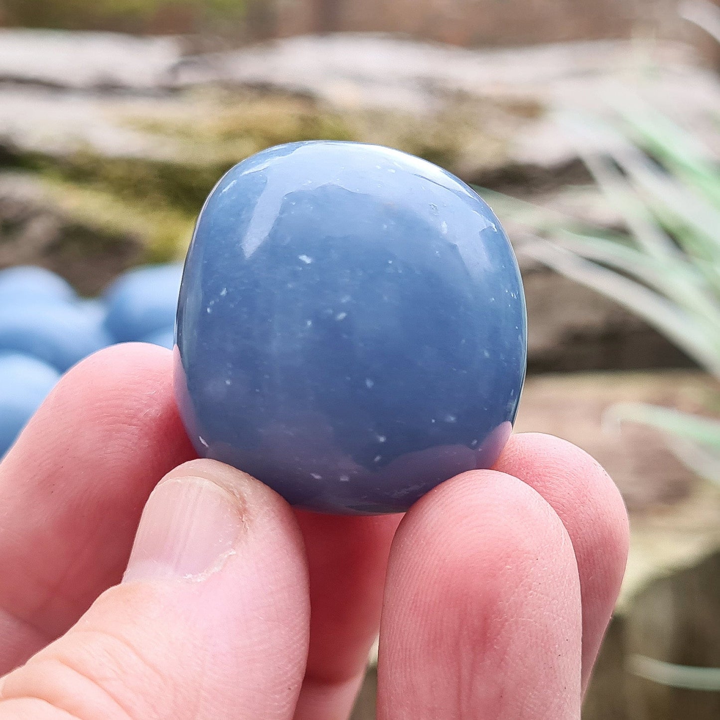 Angelite Crystal, XL Tumble Stone, represents joy, positivity and being balanced