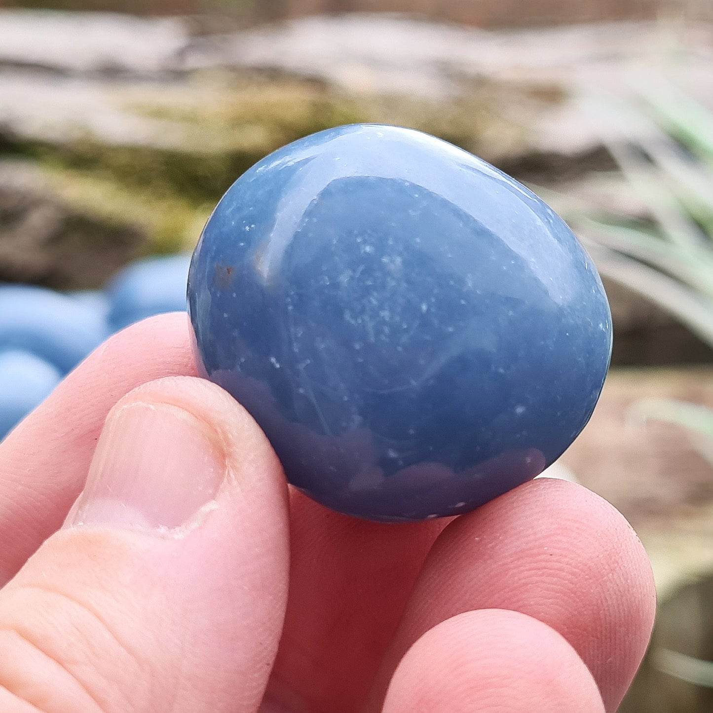 Angelite Crystal, XL Tumble Stone, represents joy, positivity and being balanced