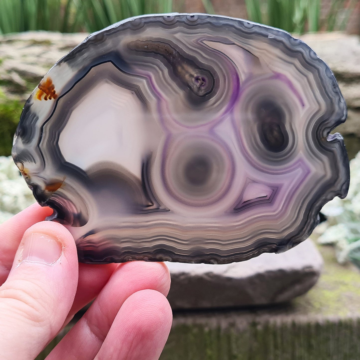 Agate Crystal Slice from Brazil, with stunning patterning and colouring. The edges have been left natural, the rest of the slice is polished. Stand not included.