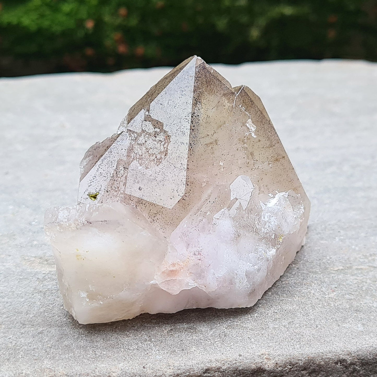 Amethyst and Citrine with Hematite inclusions, natural point, from the Sichuan Province, China. Base is cut flat so it will sit on an even surface.