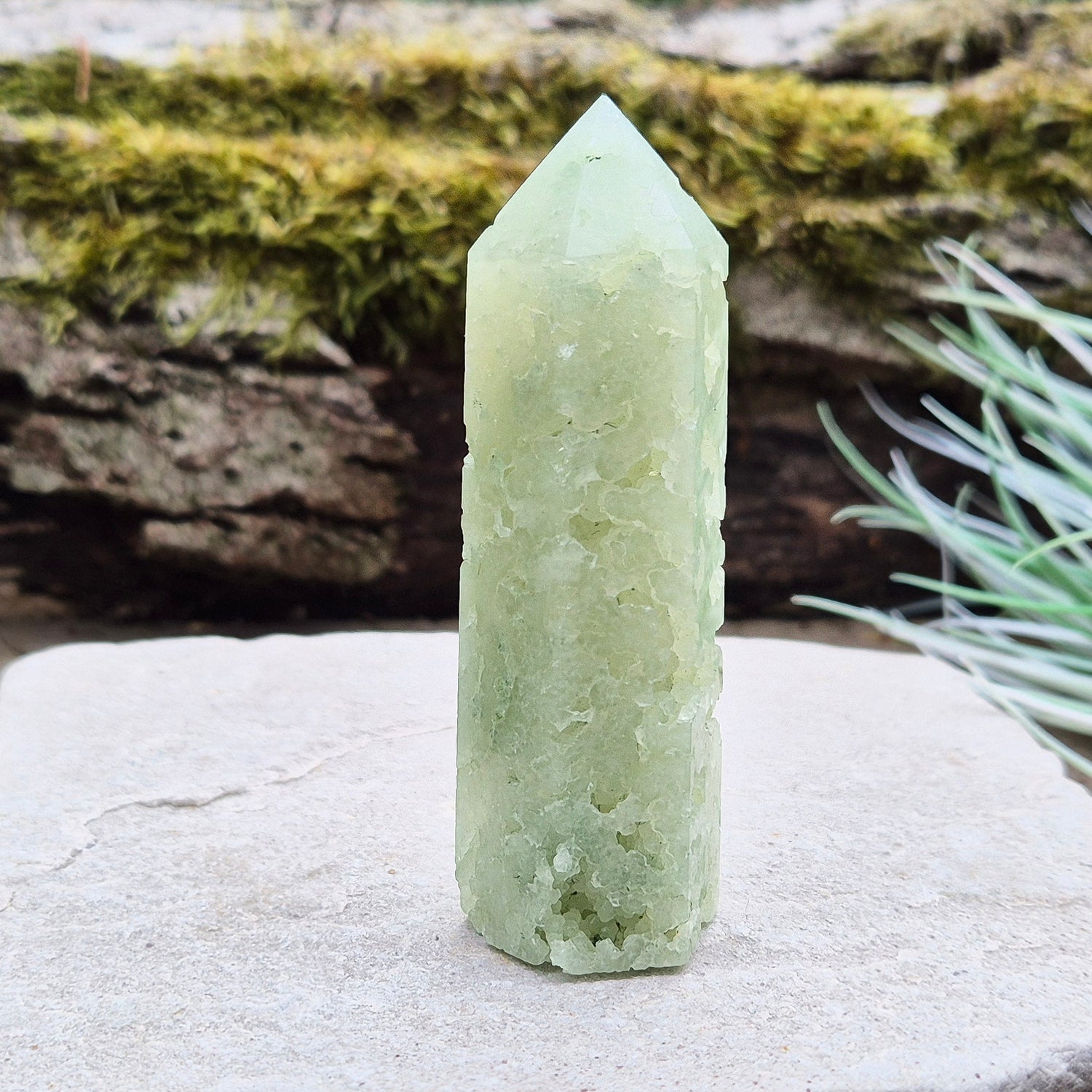 Elevate your space with a Prehnite Crystal Tower, known for promoting peace, healing, and spiritual growth. This serene stone reduces stress and brings harmony.