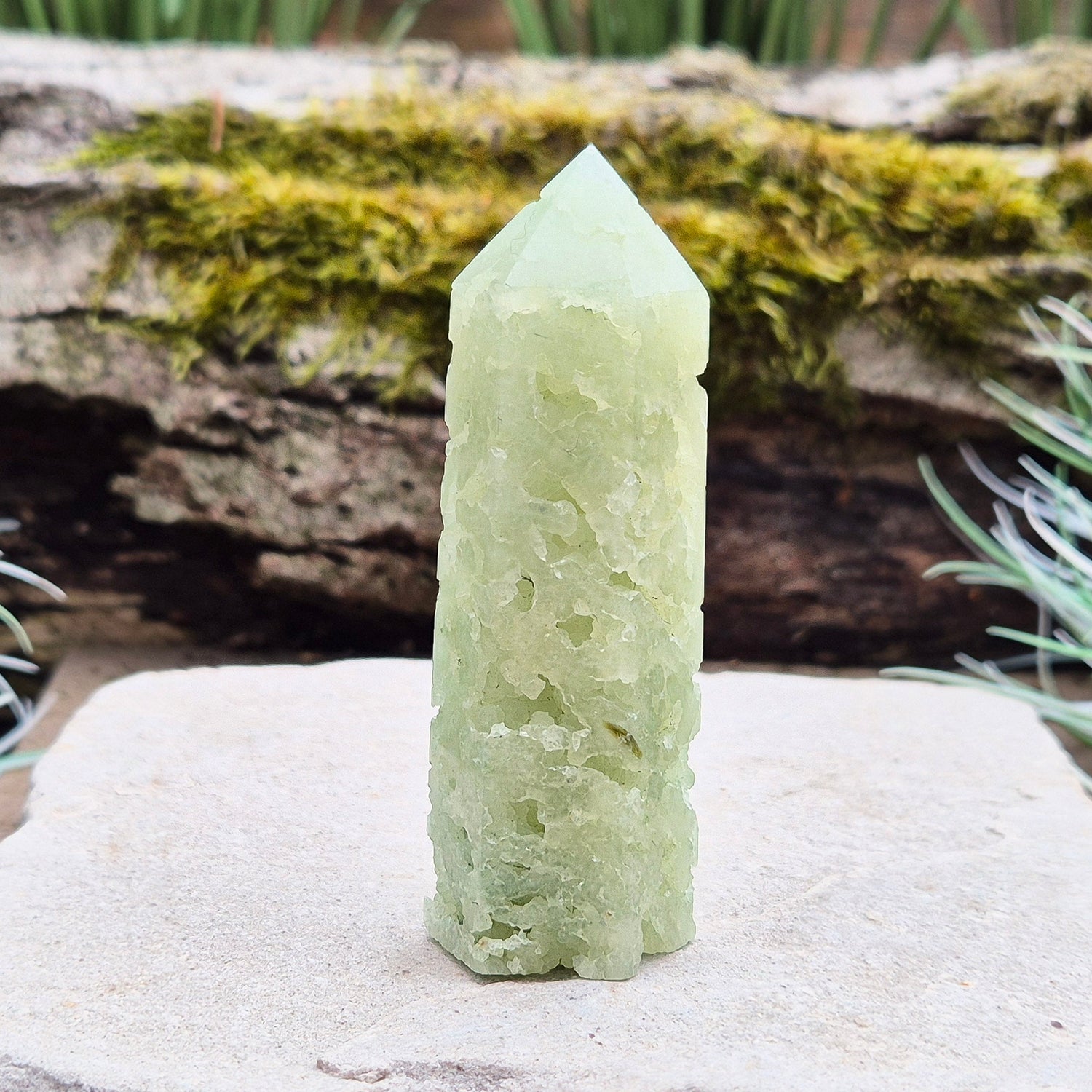 Elevate your space with a Prehnite Crystal Tower, known for promoting peace, healing, and spiritual growth. This serene stone reduces stress and brings harmony.