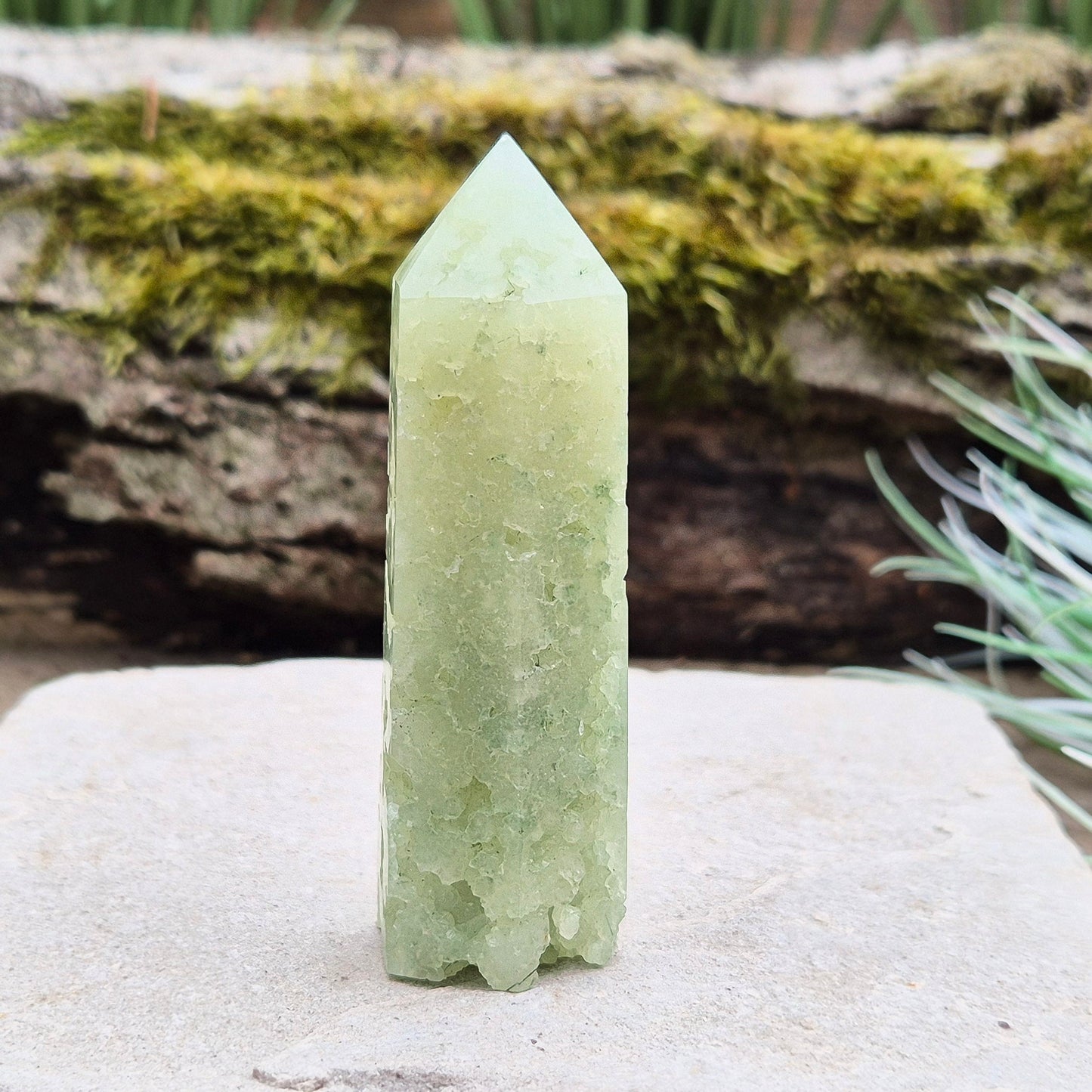 Elevate your space with a Prehnite Crystal Tower, known for promoting peace, healing, and spiritual growth. This serene stone reduces stress and brings harmony.