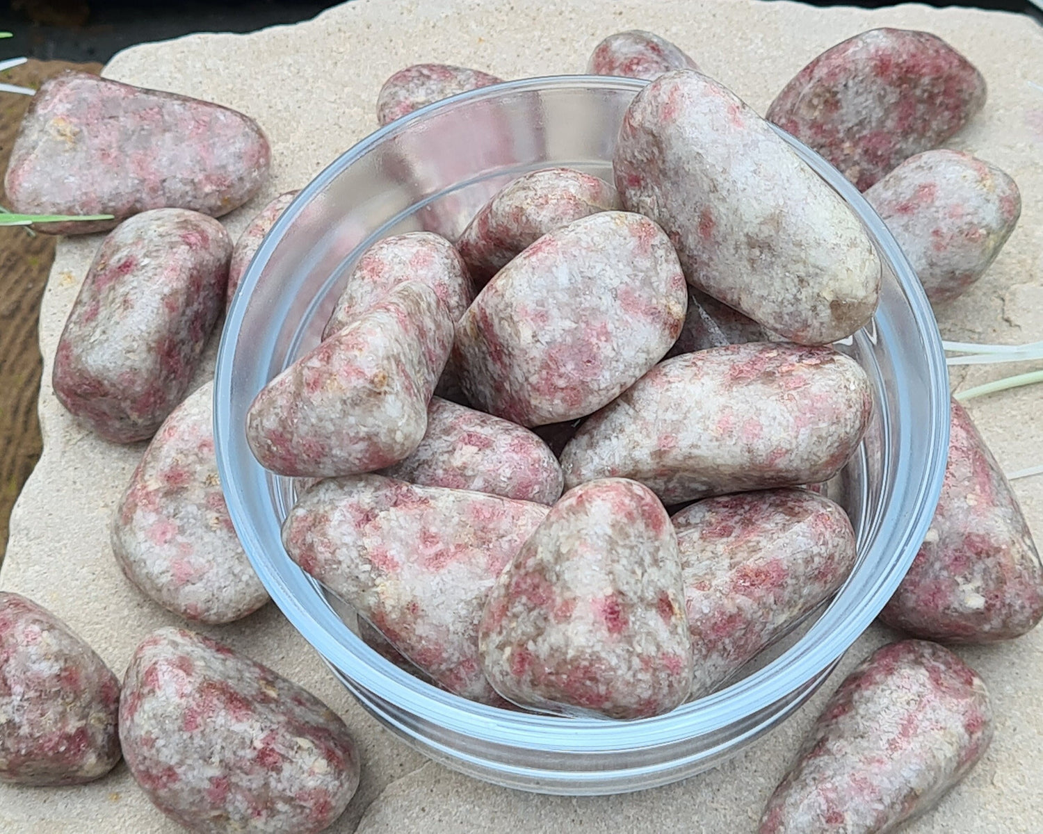 Pink Tourmaline in Quartz crystal tumble stones. Great crystal combo in tumbled form.