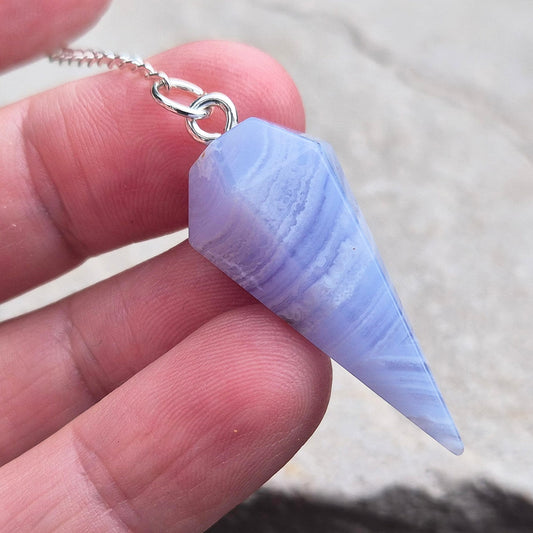 Blue Lace Agate Crystal Pendulum, lovely blue colouring as you would expect from Blue Lace. From South Africa. 