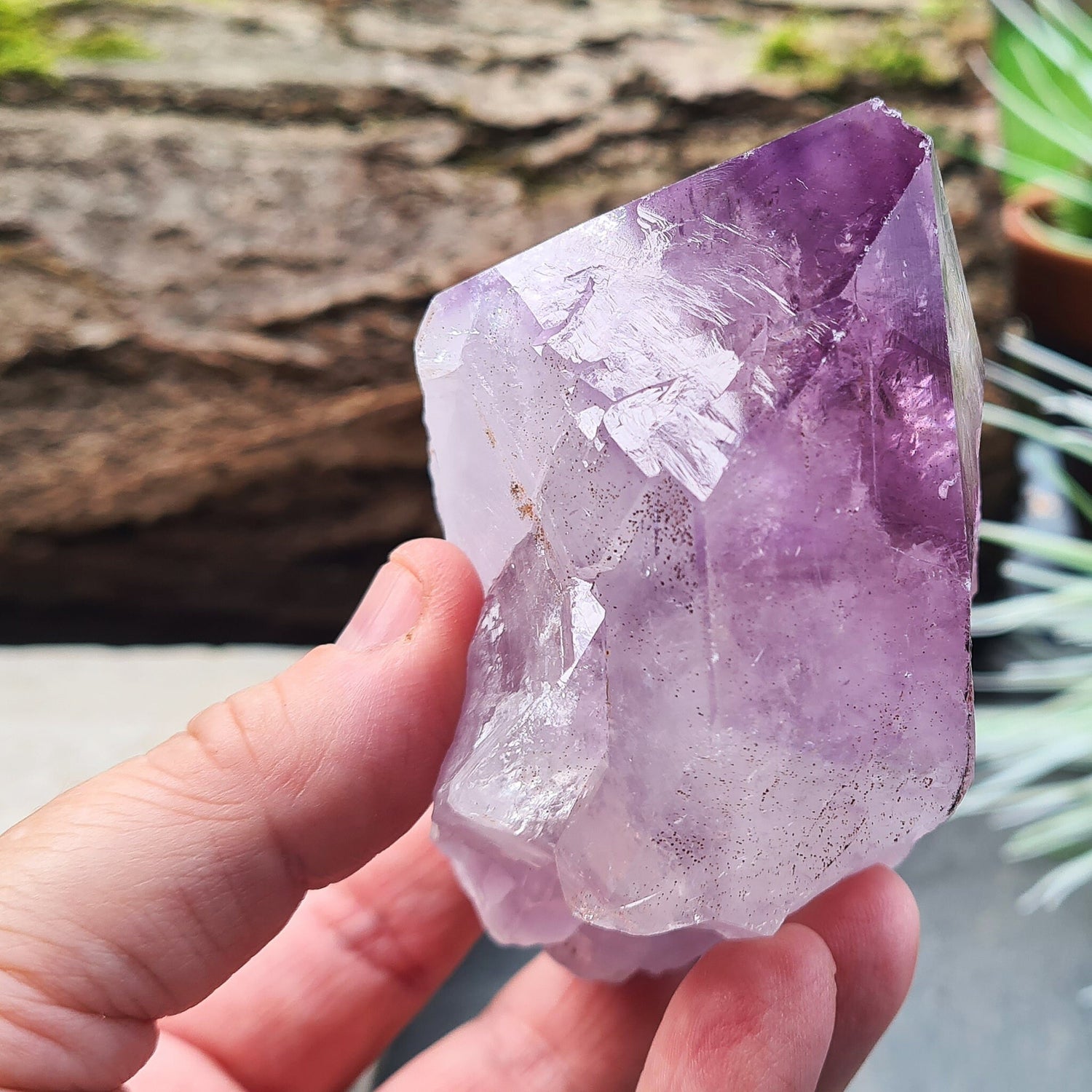 Natural Brazilian Amethyst Point, known as Amethyst Teeth, with visible rainbows; ideal for healing and creating a tranquil energy cocoon.