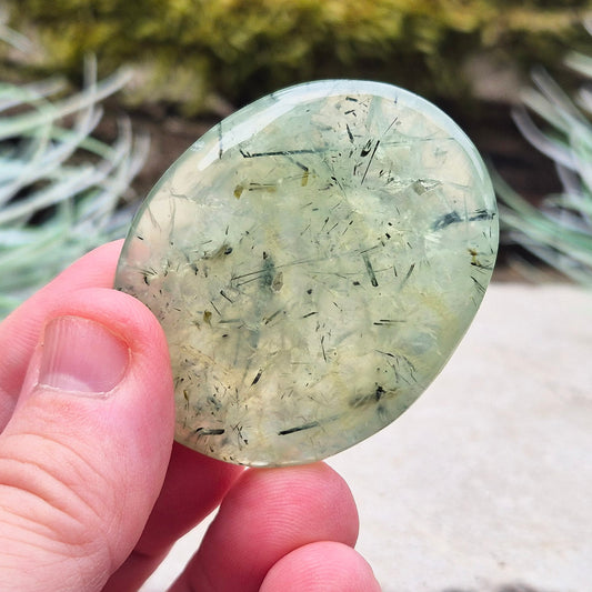 Prehnite Crystal Palm Stone with Epidote Inclusions