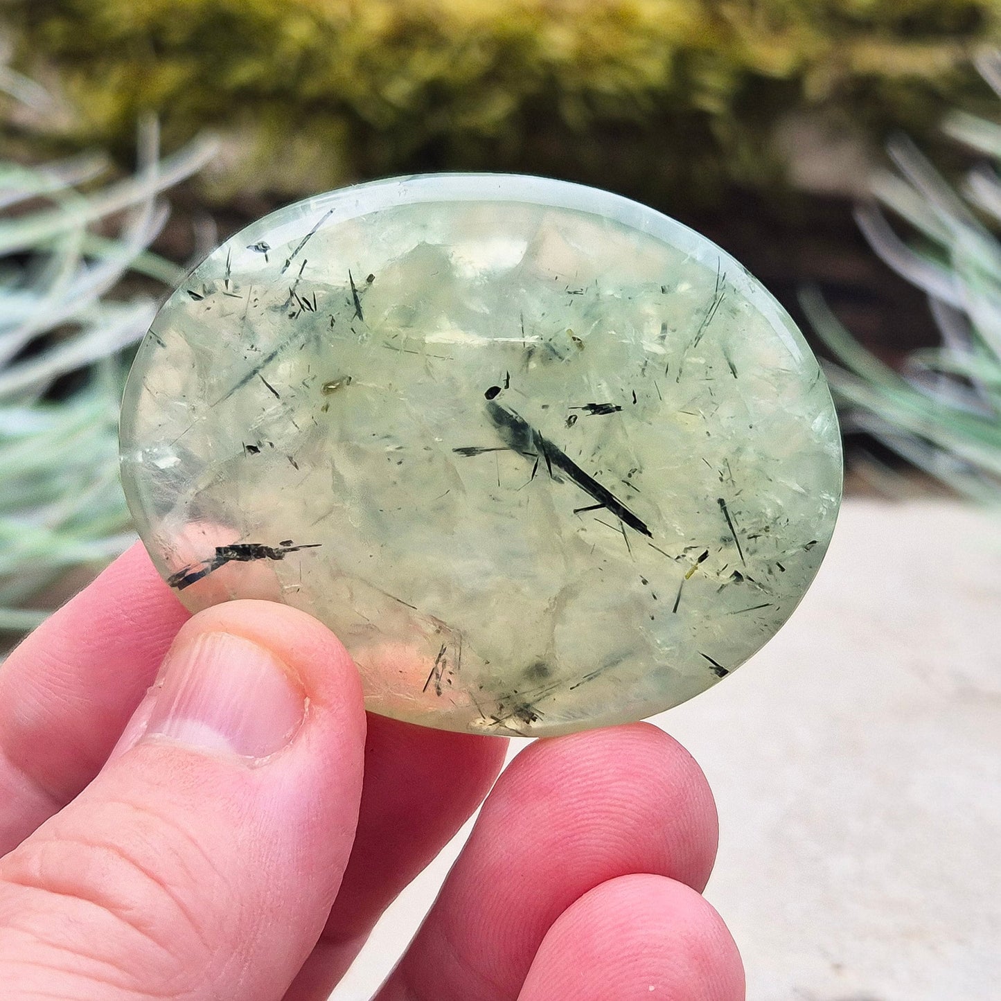 Prehnite Crystal Palm Stone with Epidote Inclusions