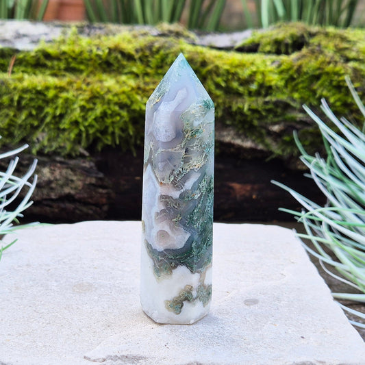 Moss Agate Crystal Generator Point Tower