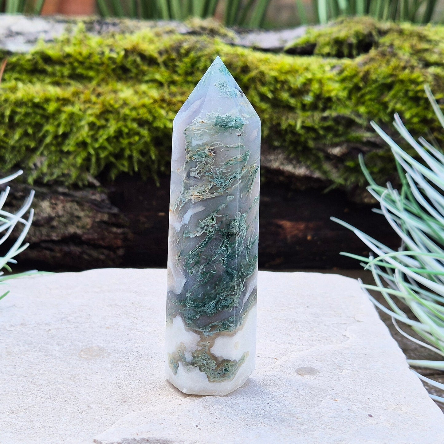 Moss Agate Crystal Generator Point Tower