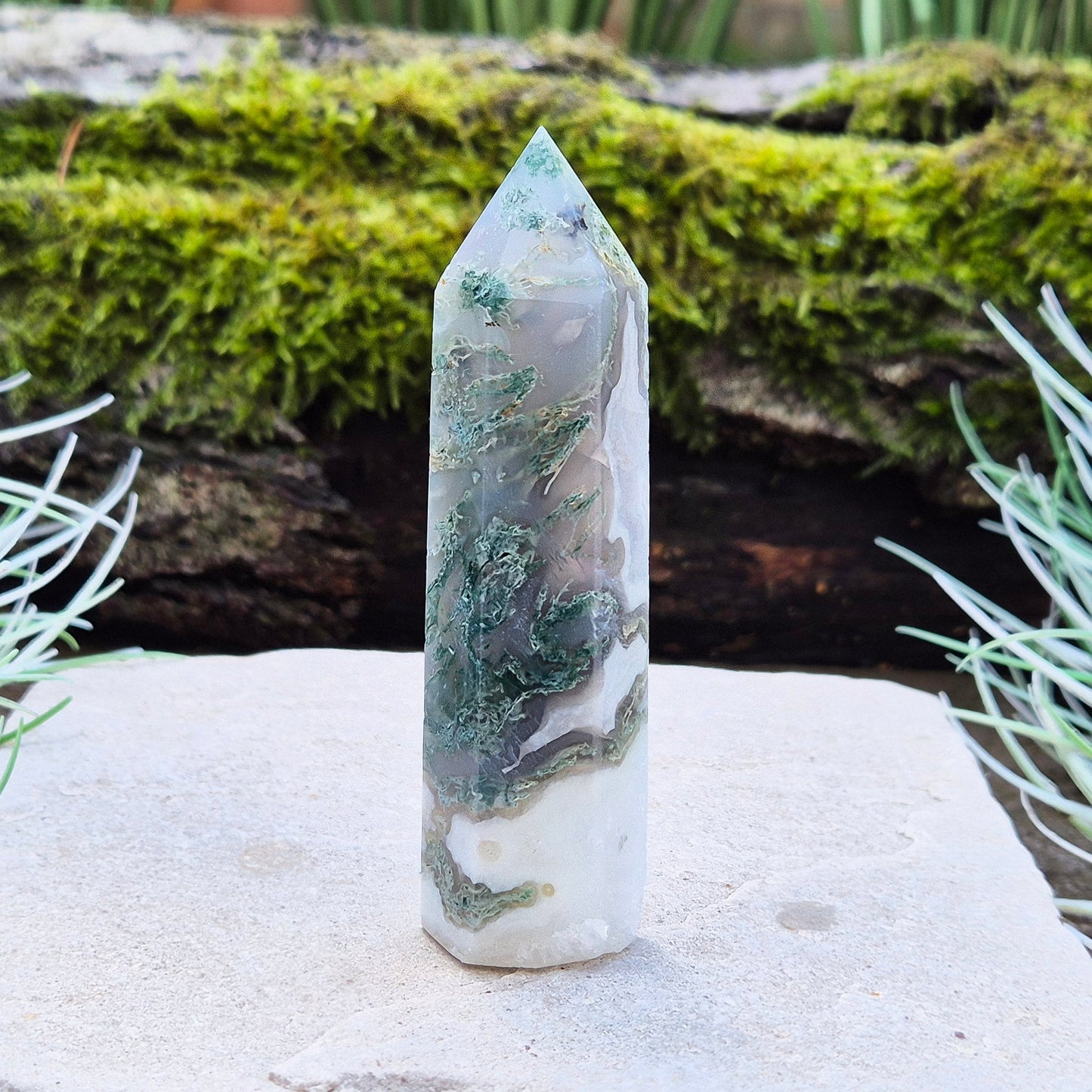 Moss Agate Crystal Generator Point Tower