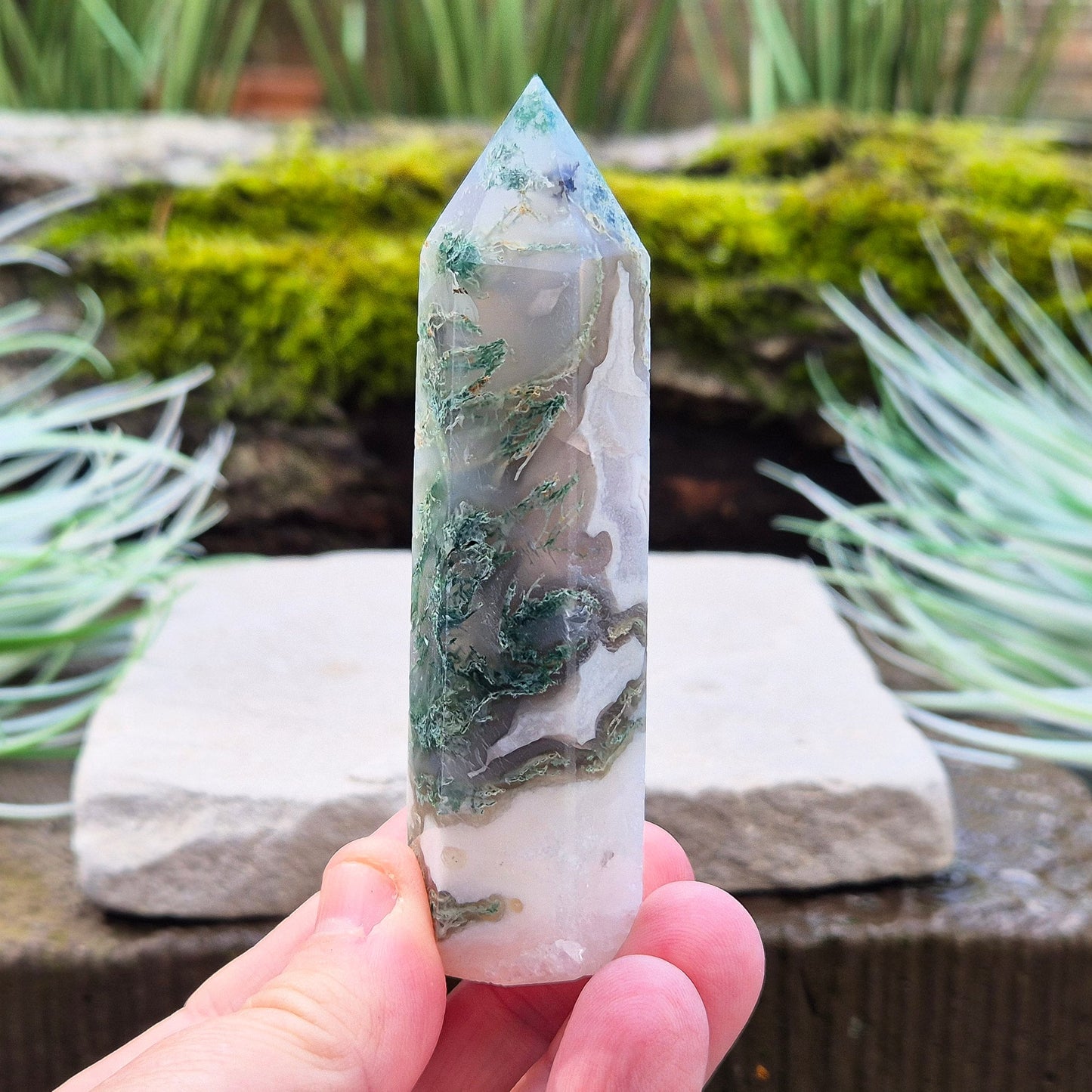 Moss Agate Crystal Generator Point Tower