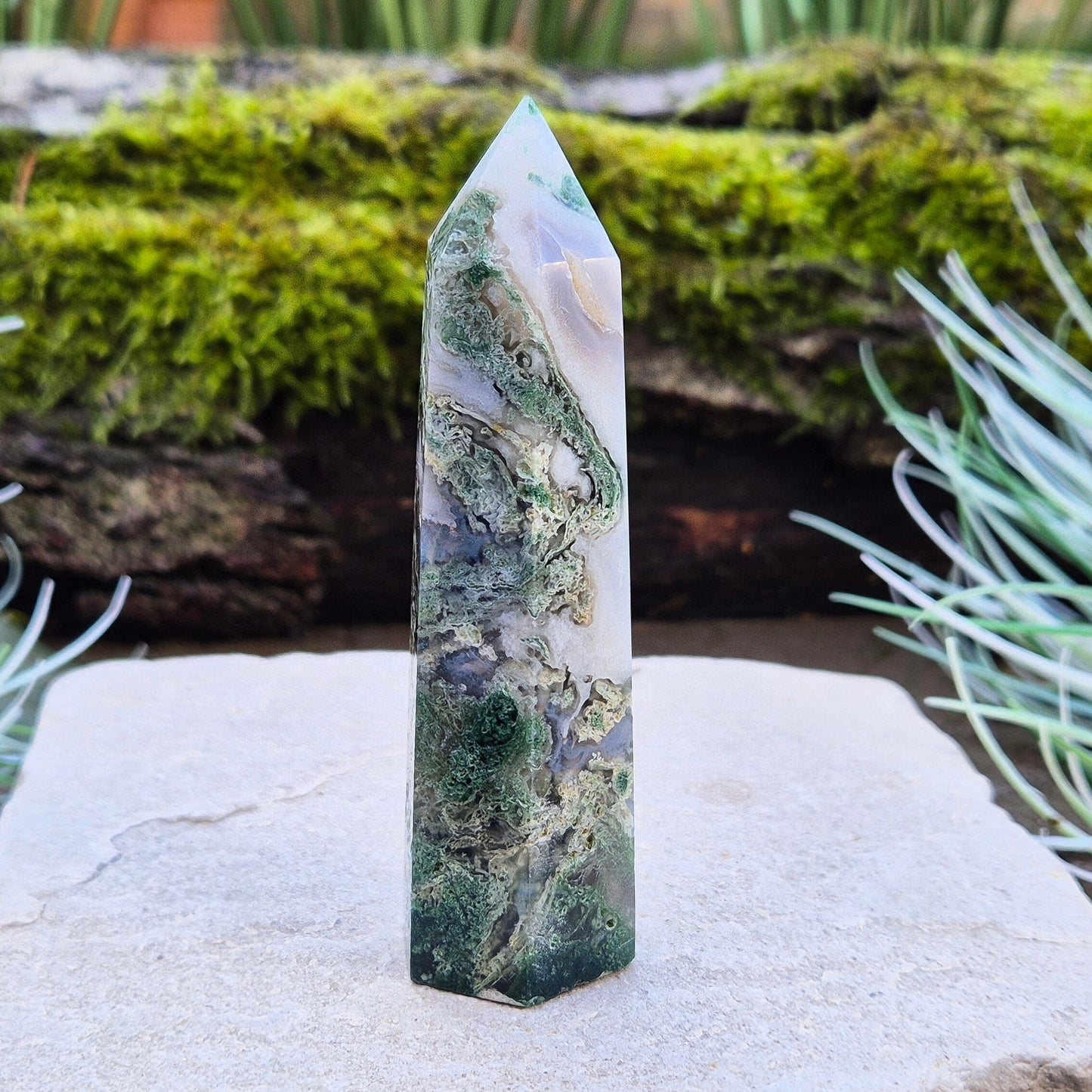 Moss Agate Crystal Tower