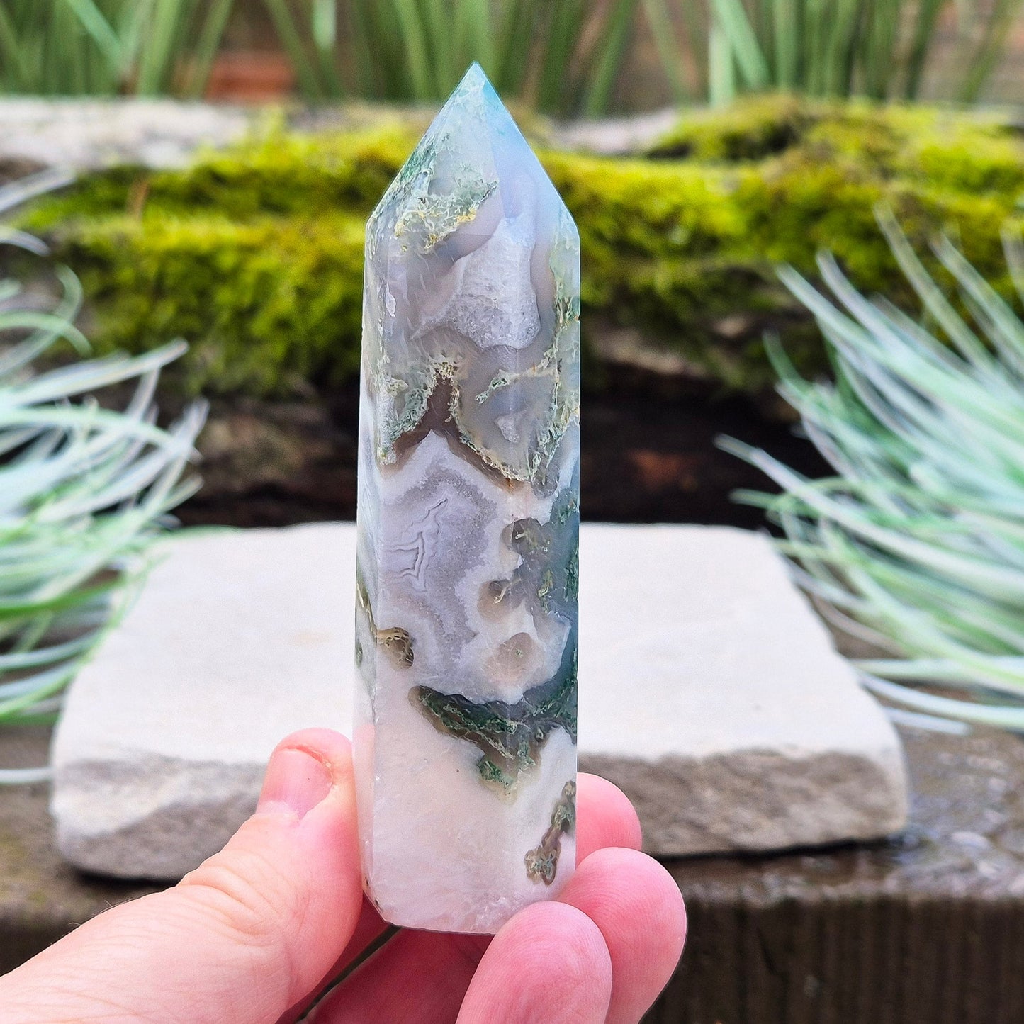 Moss Agate Crystal Generator Point Tower